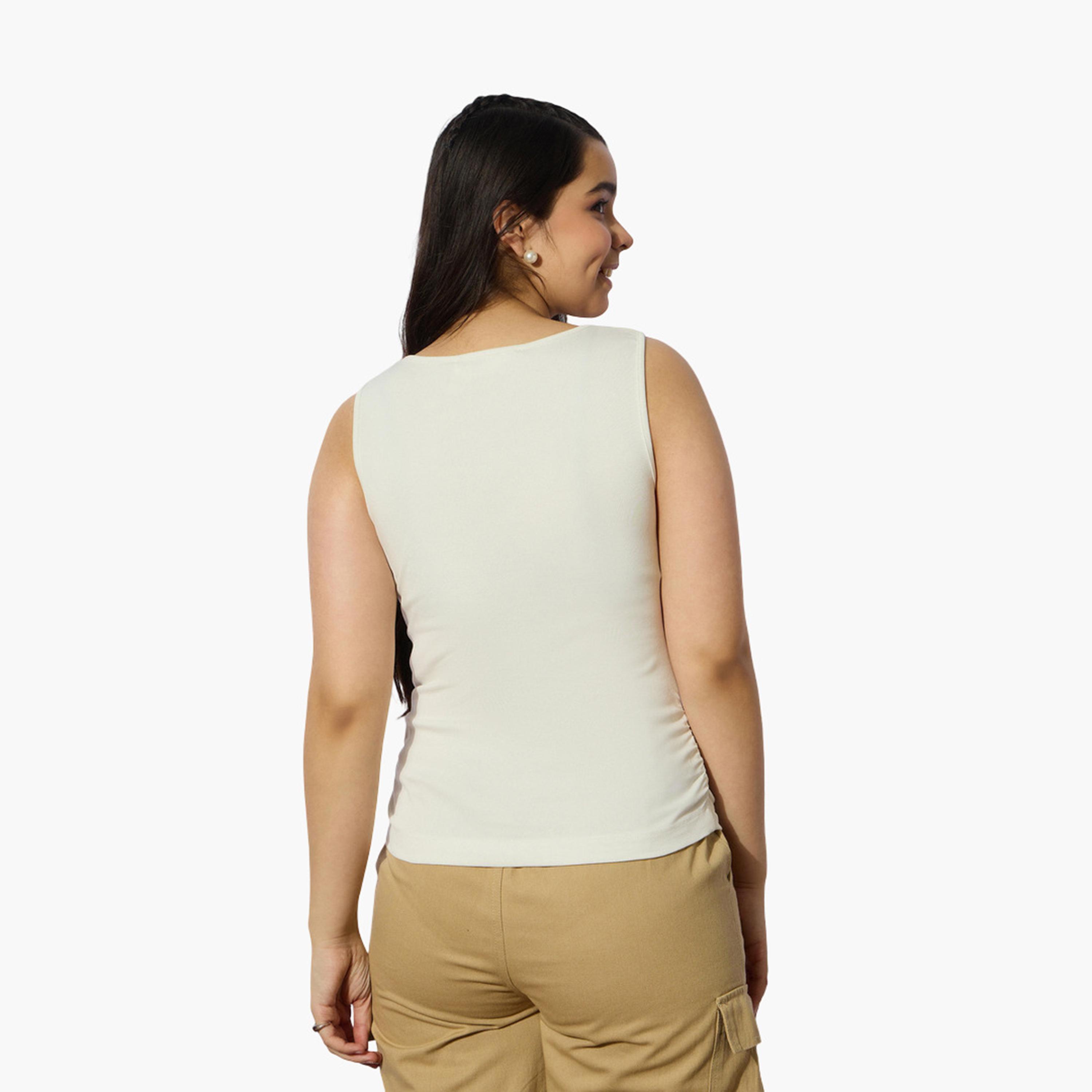 Noh-Voh Girls Off White Ribbed Side Ruched Sleeveless Top-girls-clothing-tshirts-image-5
