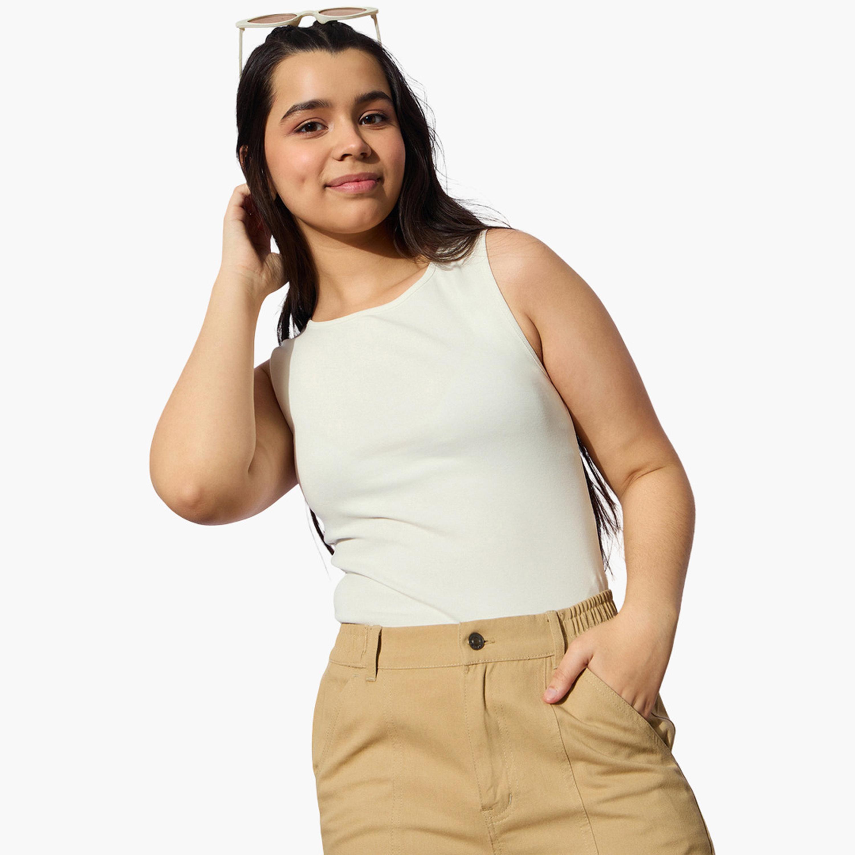 Noh-Voh Girls Off White Ribbed Side Ruched Sleeveless Top-girls-clothing-tshirts-image-6