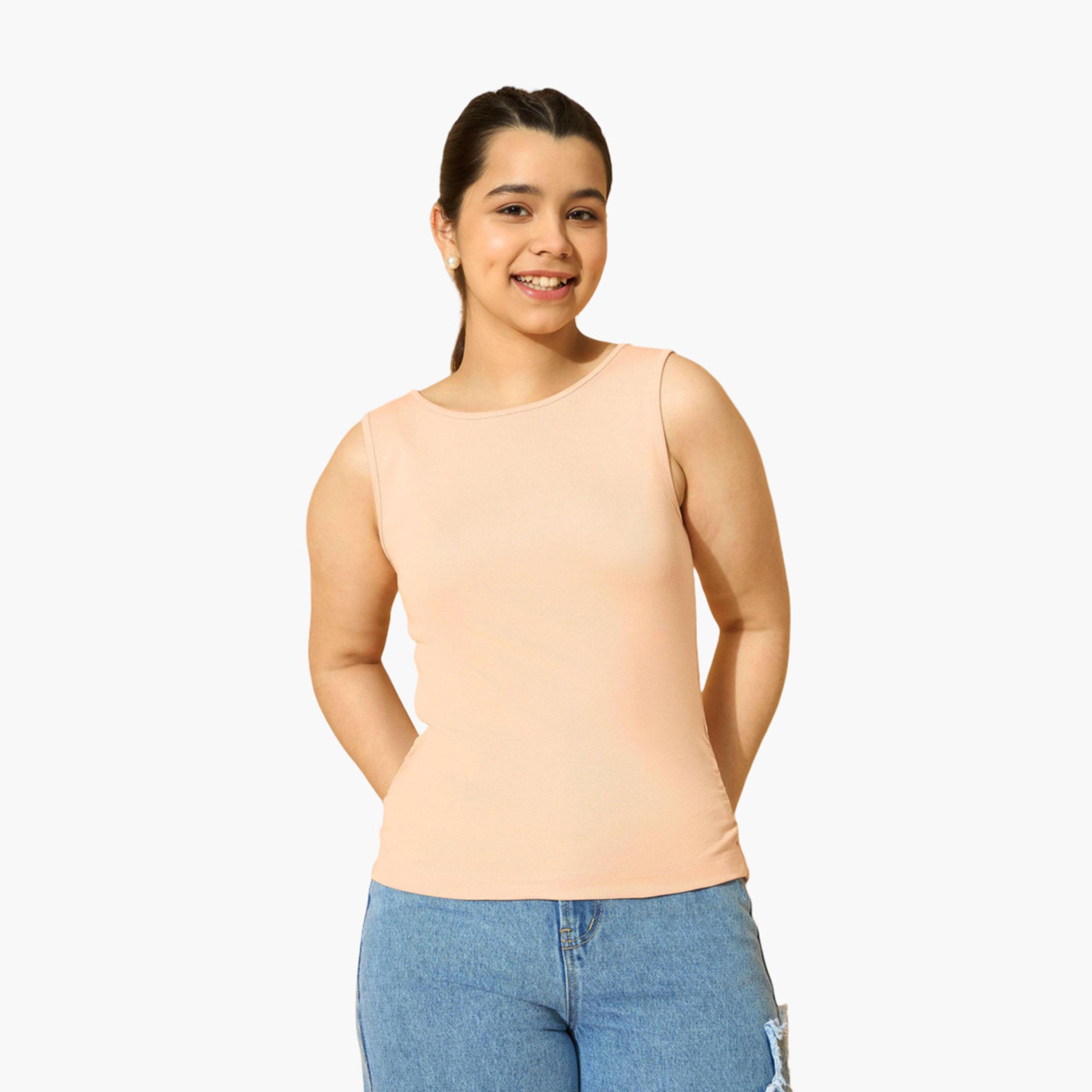 نوه-فوه - بلوزة بدون أكمام مكشكشة من الجانب مضلعة لون خوخي للبنات-girls-clothing-tshirts-image-1