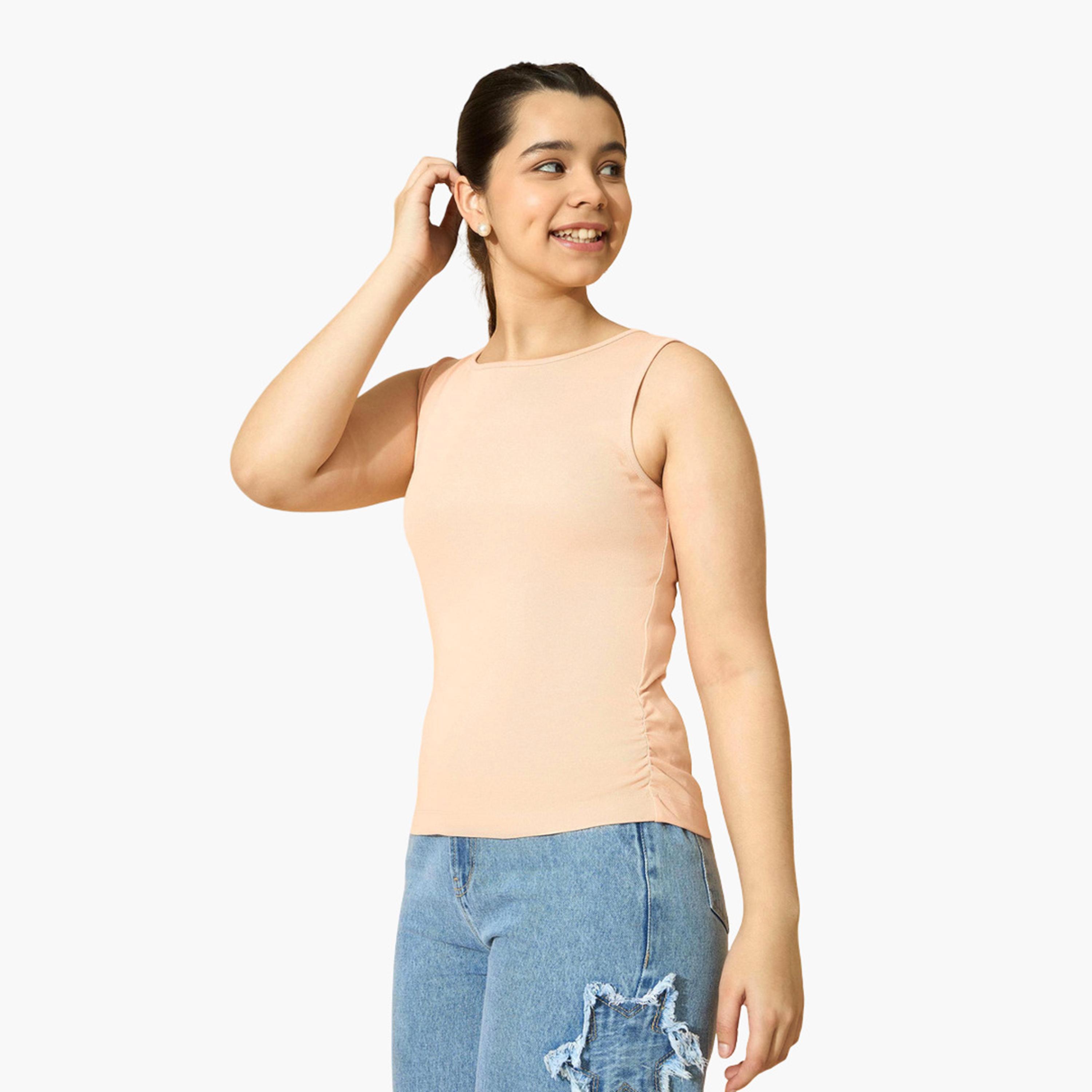نوه-فوه - بلوزة بدون أكمام مكشكشة من الجانب مضلعة لون خوخي للبنات-girls-clothing-tshirts-image-3
