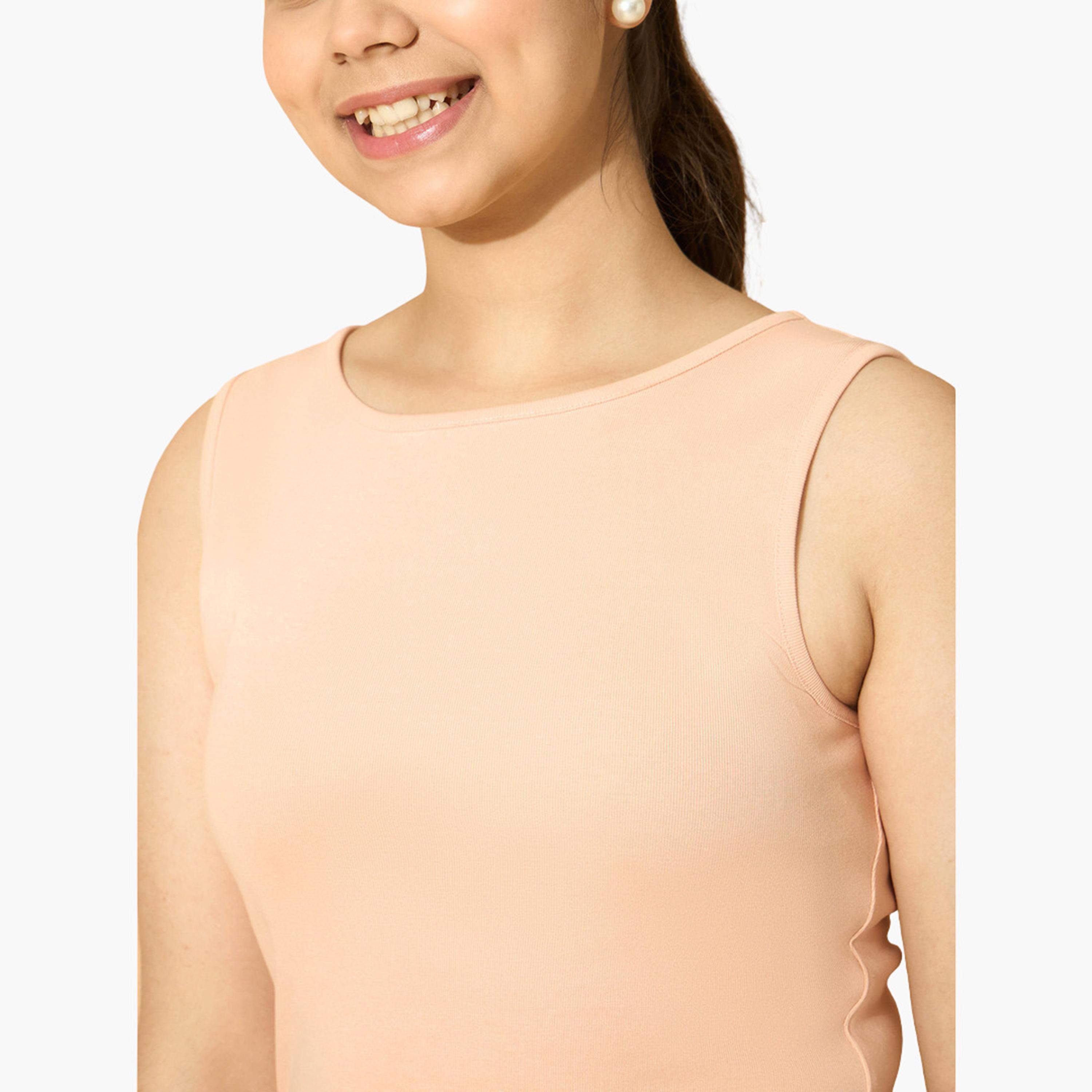 نوه-فوه - بلوزة بدون أكمام مكشكشة من الجانب مضلعة لون خوخي للبنات-girls-clothing-tshirts-image-4