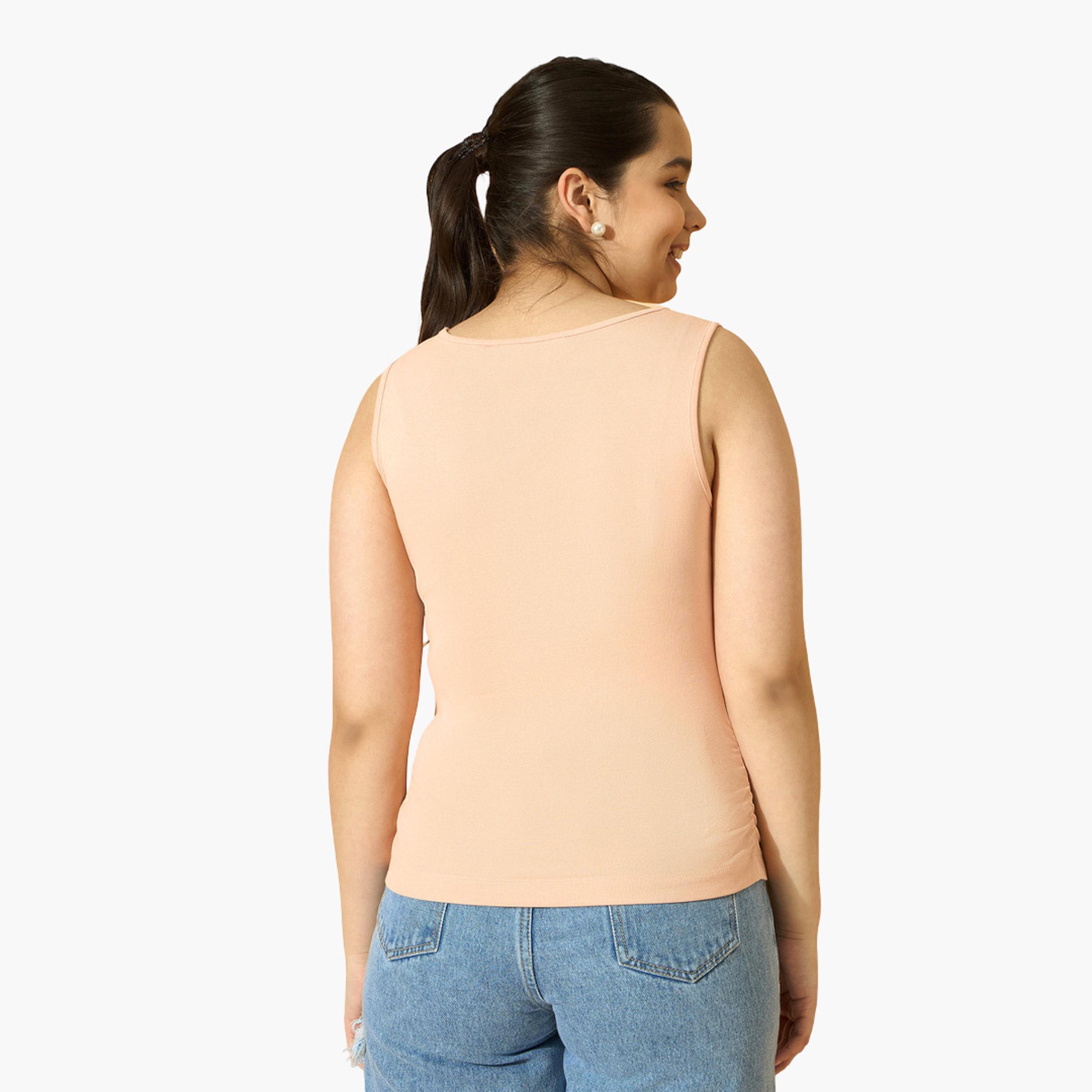 نوه-فوه - بلوزة بدون أكمام مكشكشة من الجانب مضلعة لون خوخي للبنات-girls-clothing-tshirts-image-5