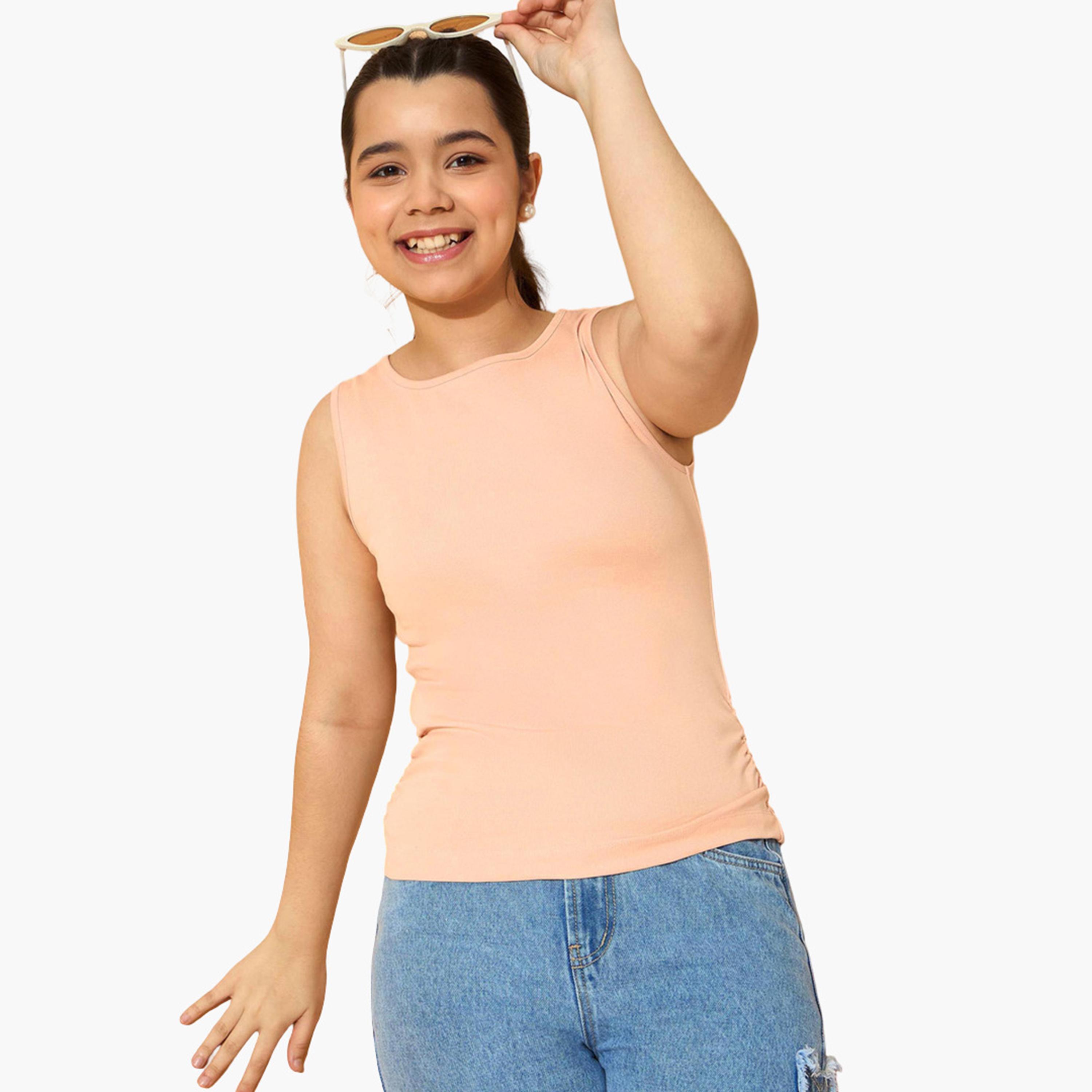 نوه-فوه - بلوزة بدون أكمام مكشكشة من الجانب مضلعة لون خوخي للبنات-girls-clothing-tshirts-image-6