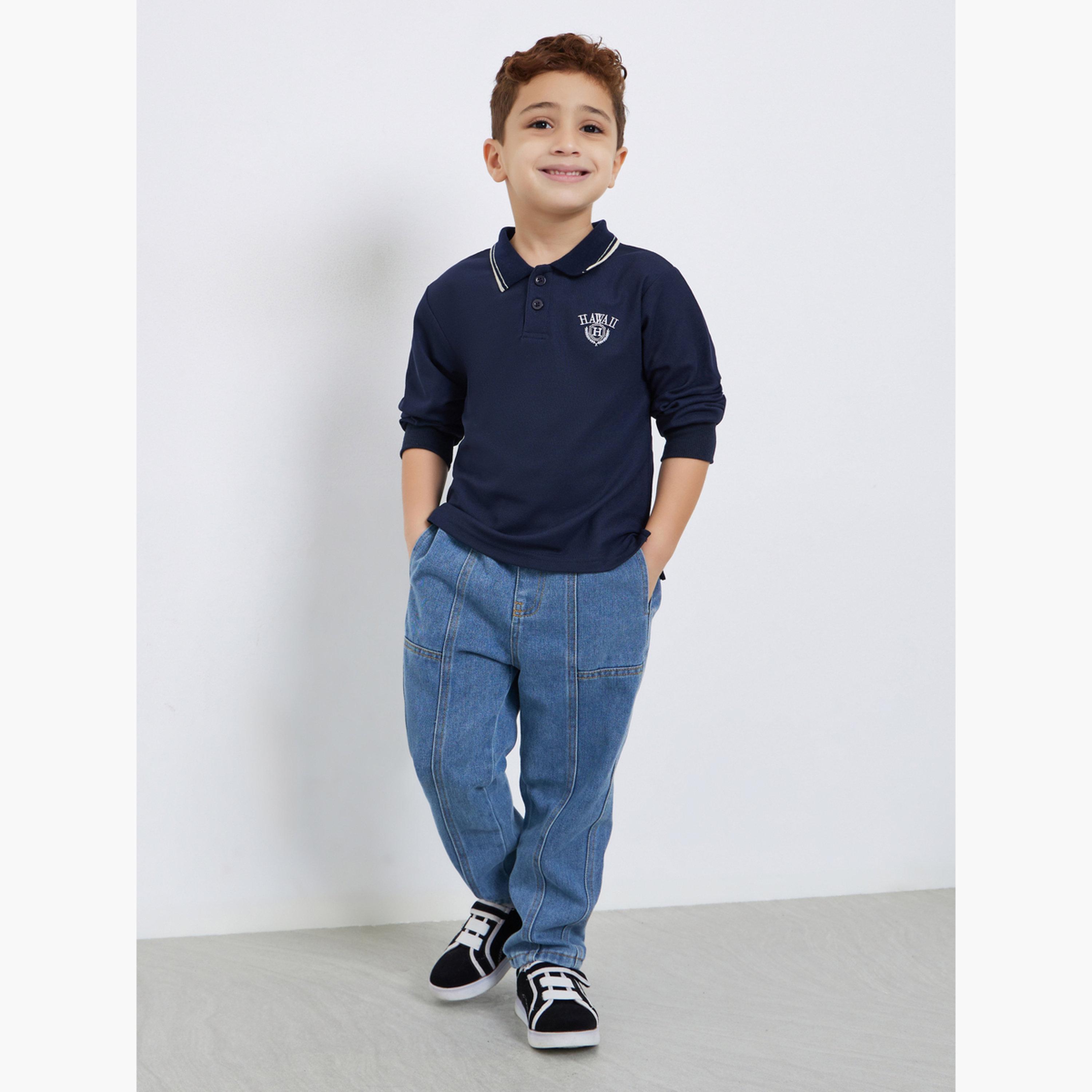 Styli Embroidered Detail Long Sleeve Tipped Polo T-Shirt-boys-clothing-tshirtsandpolos-image-2