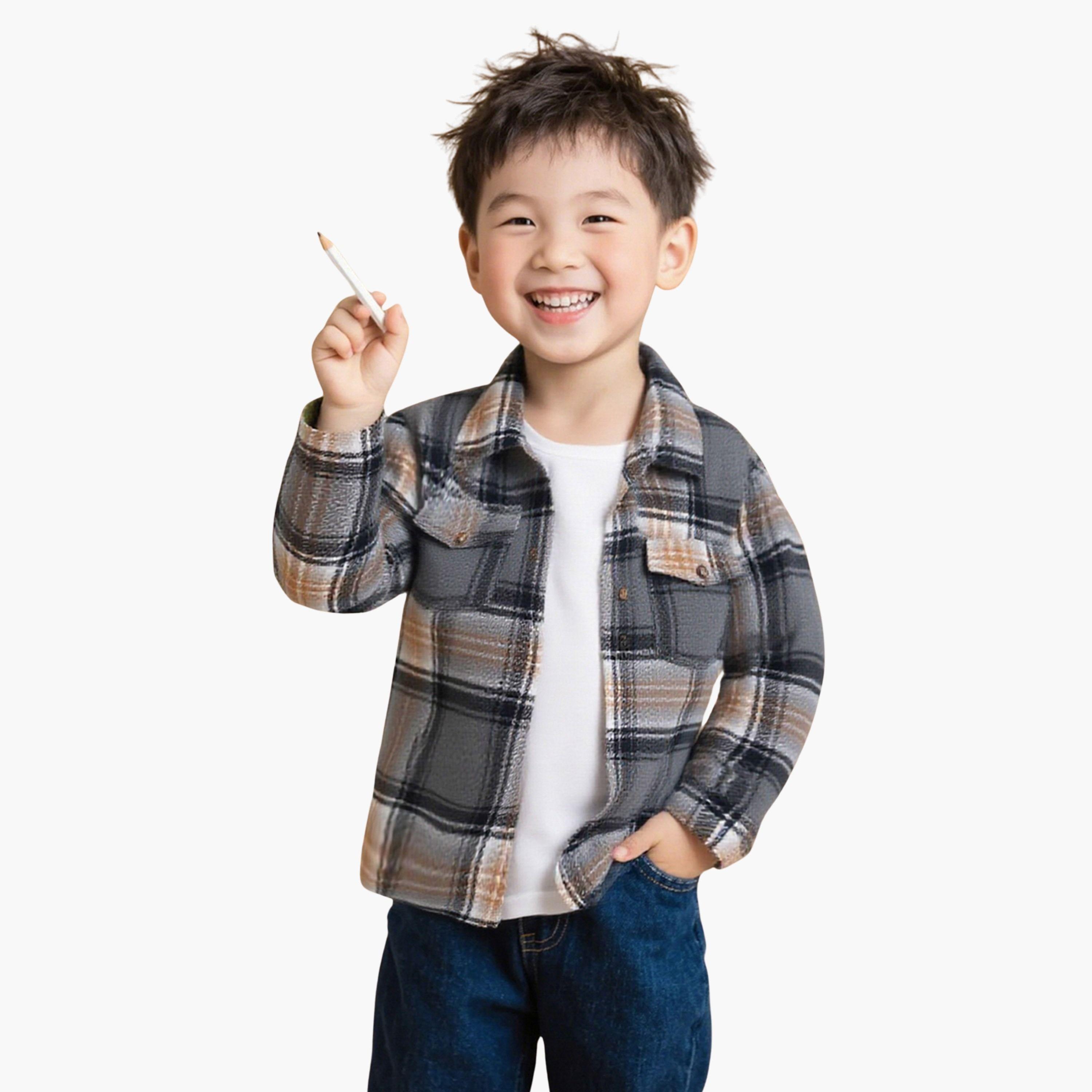 Take Two Checked Collared Long Sleeves Boy's Button Through Shacket-boys-clothing-jacketsandcoats-image-1