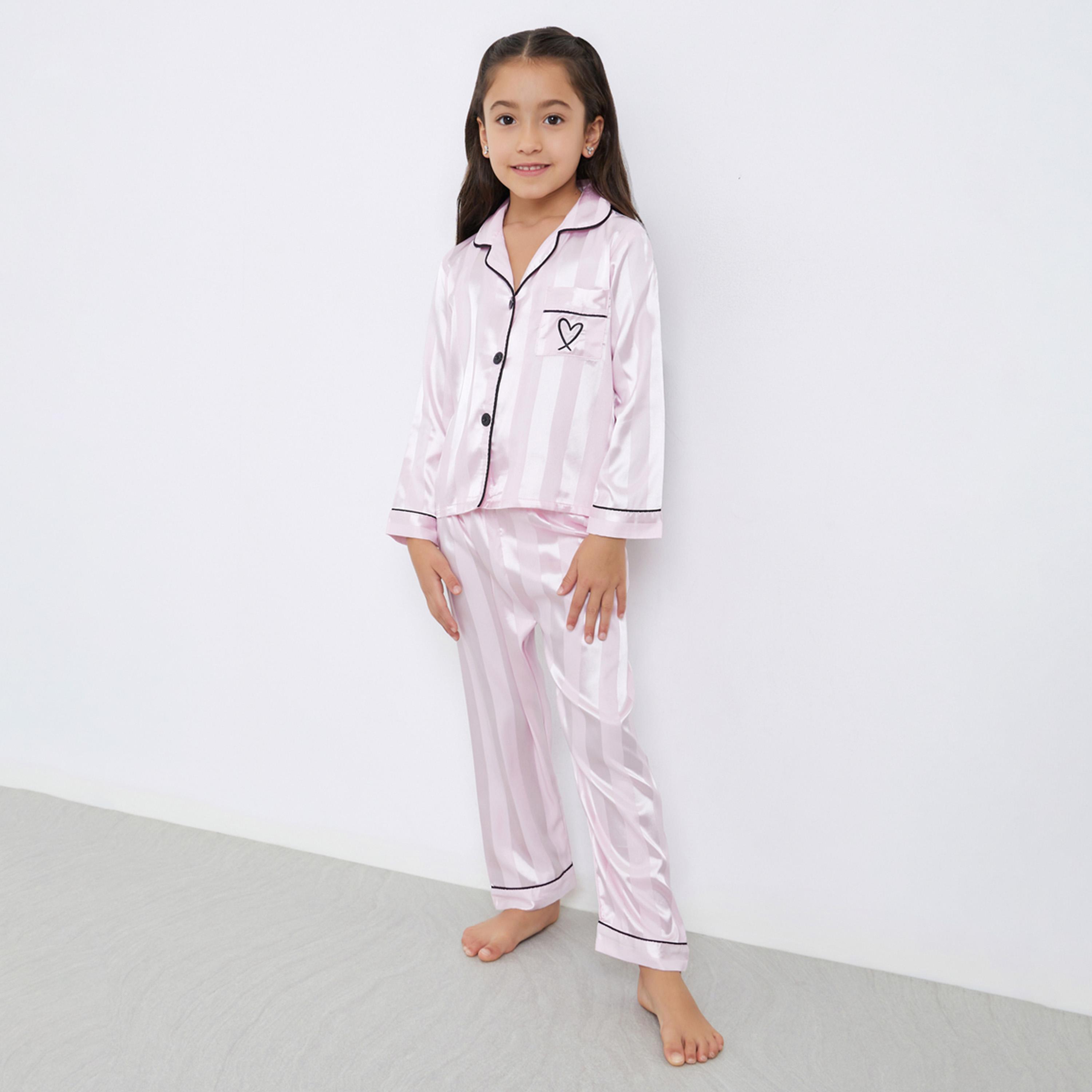 تيك تو - ييجاما قميص مخطط لون وردي للبنات مع تفاصيل جيوب-girls-clothing-nightwear-image-1