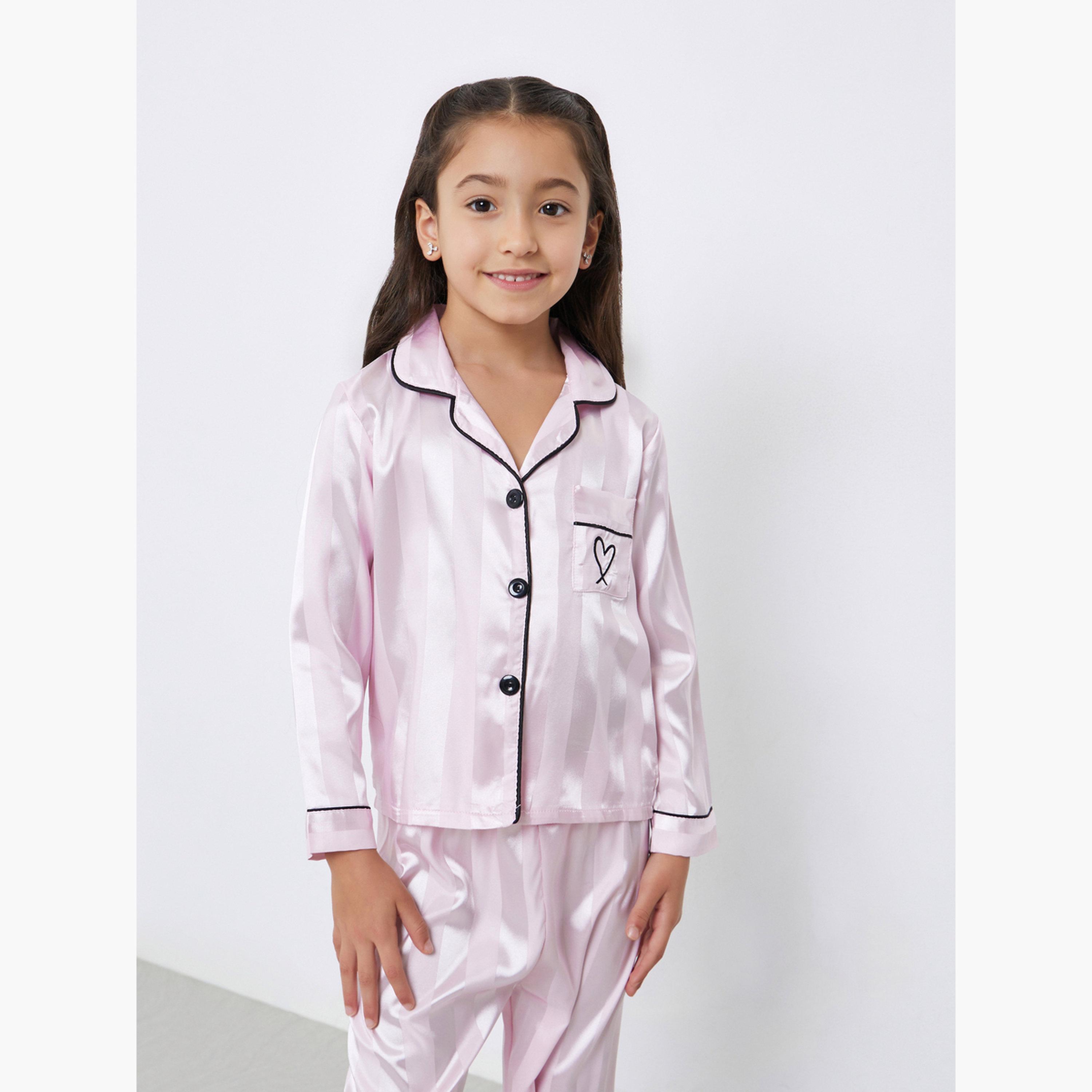 تيك تو - ييجاما قميص مخطط لون وردي للبنات مع تفاصيل جيوب-girls-clothing-nightwear-image-2
