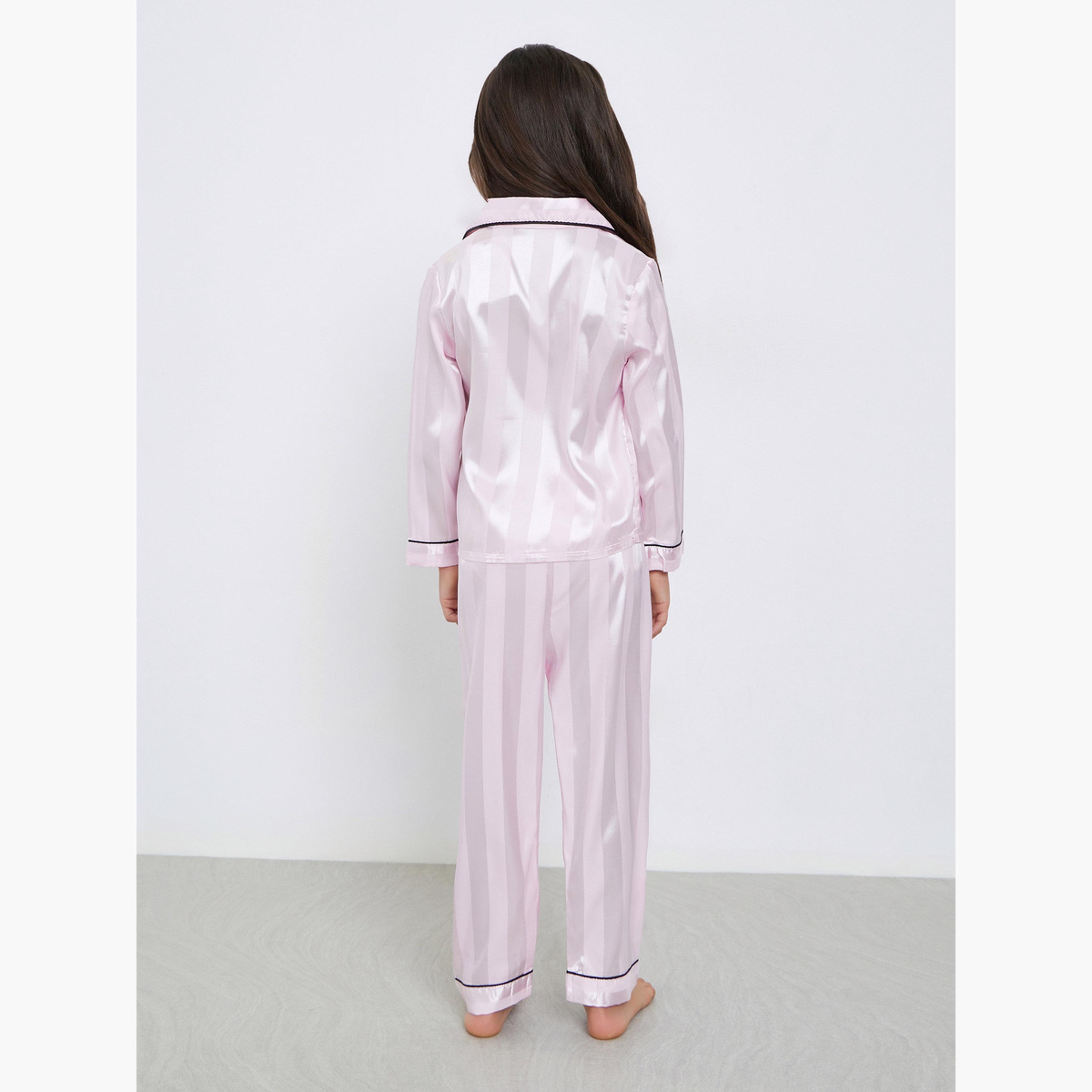 تيك تو - ييجاما قميص مخطط لون وردي للبنات مع تفاصيل جيوب-girls-clothing-nightwear-image-4