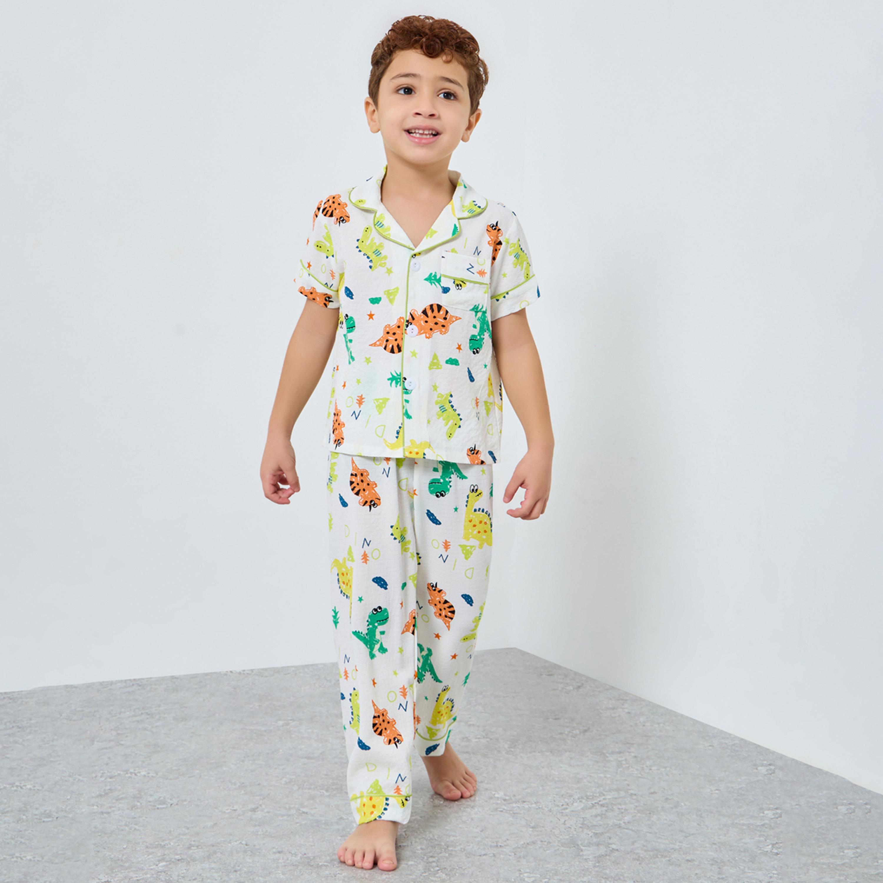 Take Two Boy White Dino Graphic Print Shirt and Pyjama Set-boys-clothing-nightwear-image-1