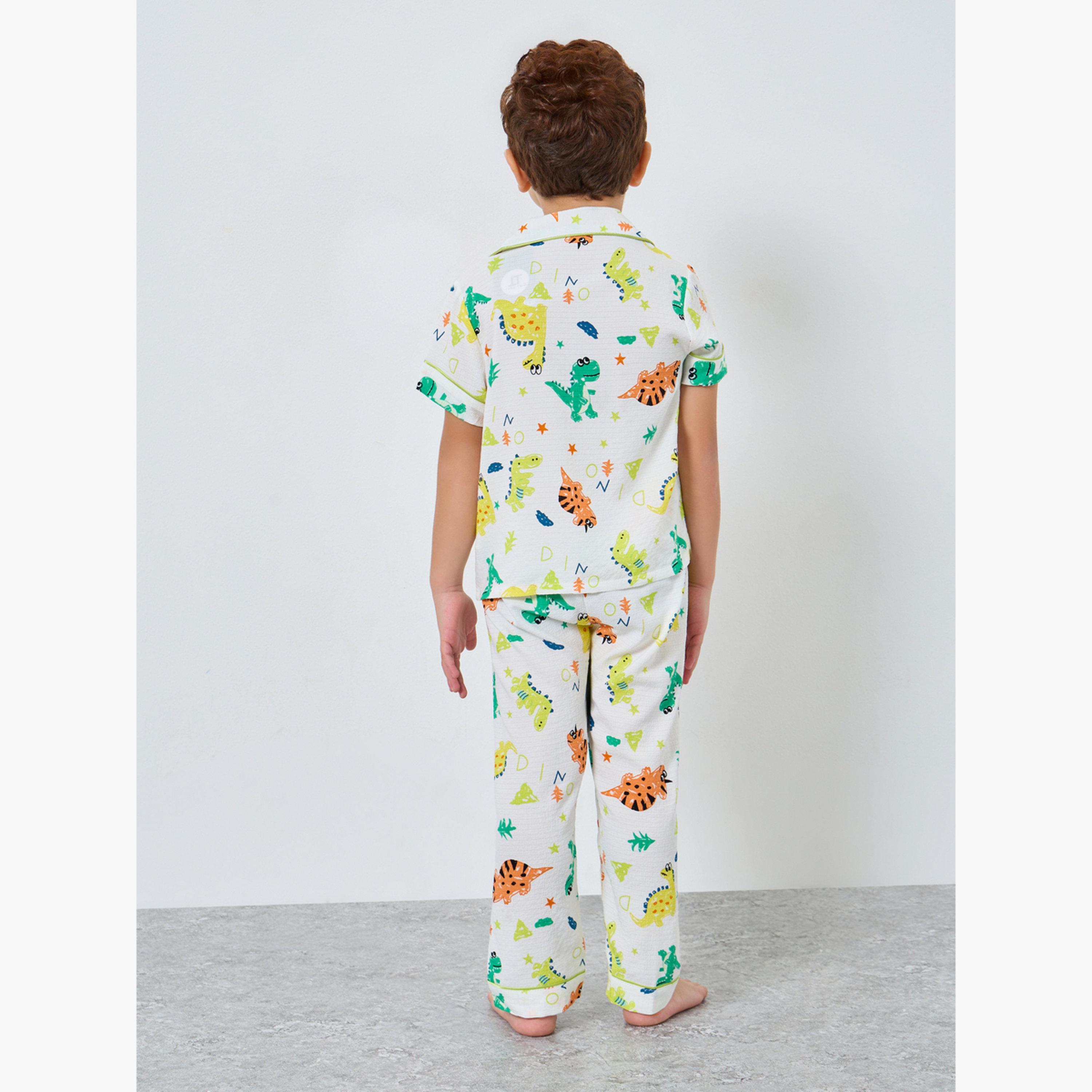 Take Two Boy White Dino Graphic Print Shirt and Pyjama Set-boys-clothing-nightwear-image-2