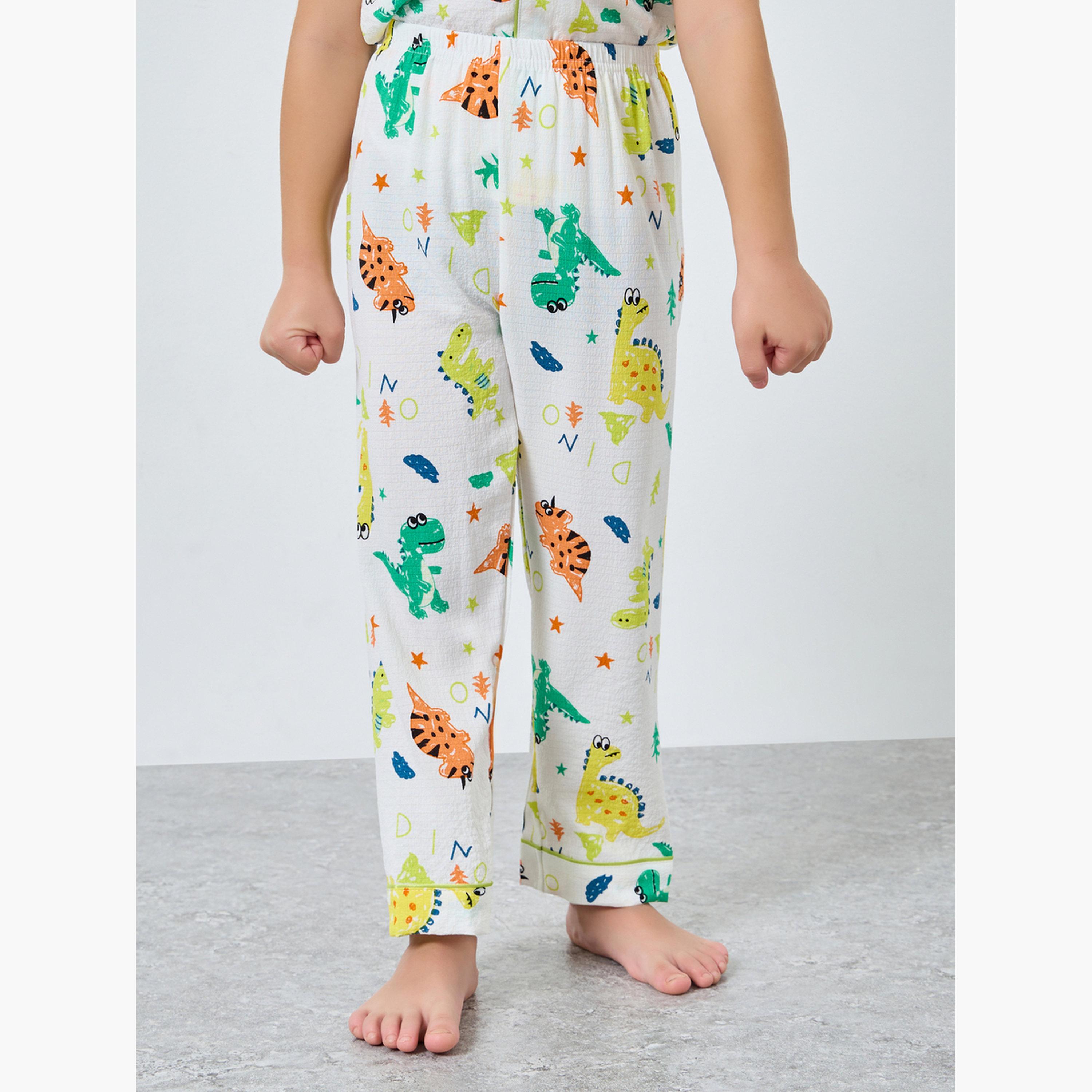 Take Two Boy White Dino Graphic Print Shirt and Pyjama Set-boys-clothing-nightwear-image-3