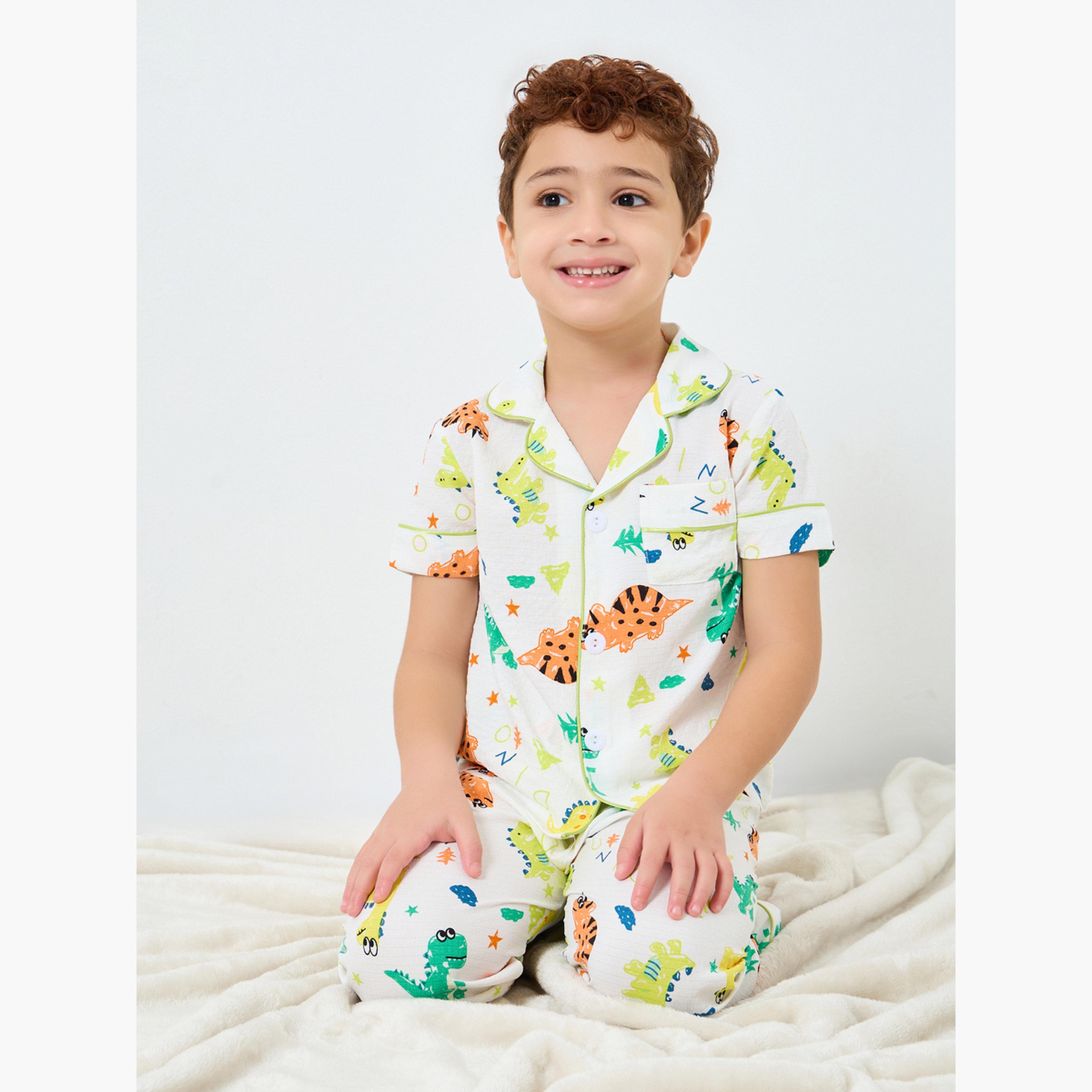 Take Two Boy White Dino Graphic Print Shirt and Pyjama Set-boys-clothing-nightwear-image-4