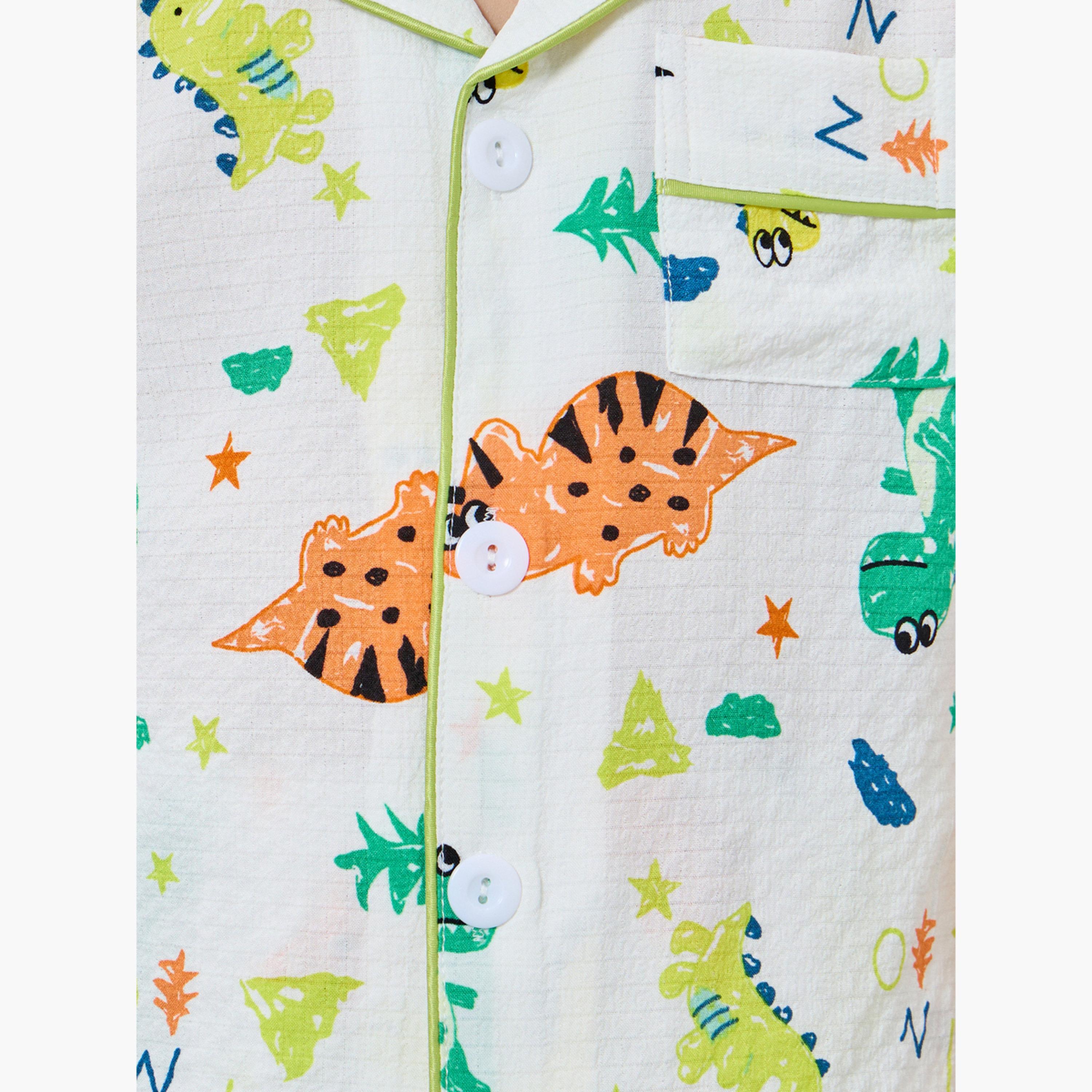 Take Two Boy White Dino Graphic Print Shirt and Pyjama Set-boys-clothing-nightwear-image-5
