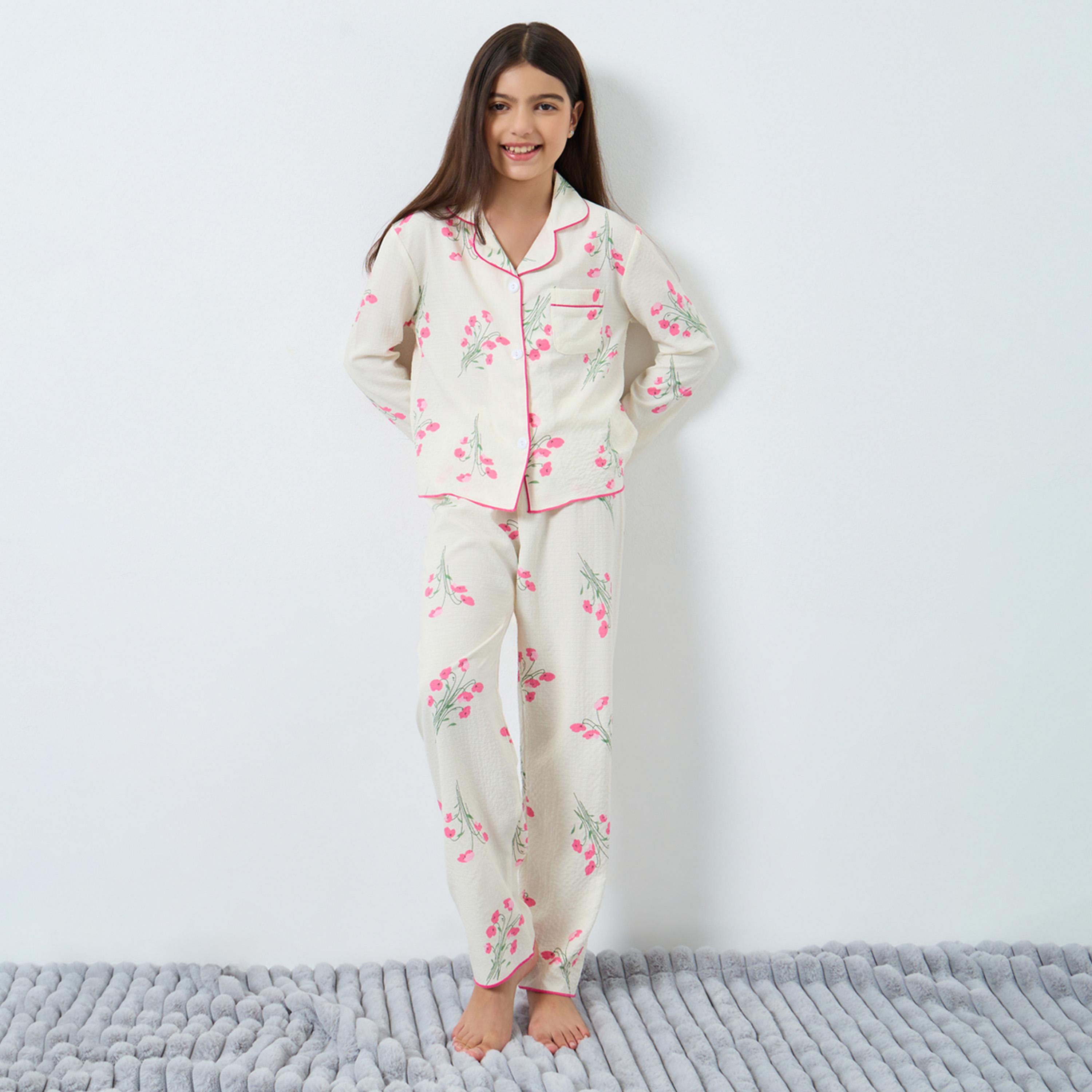 تيك تو - بيجاما قميص بطبعة زهور كريمية للبنات والمراهقات-girls-clothing-nightwear-image-1