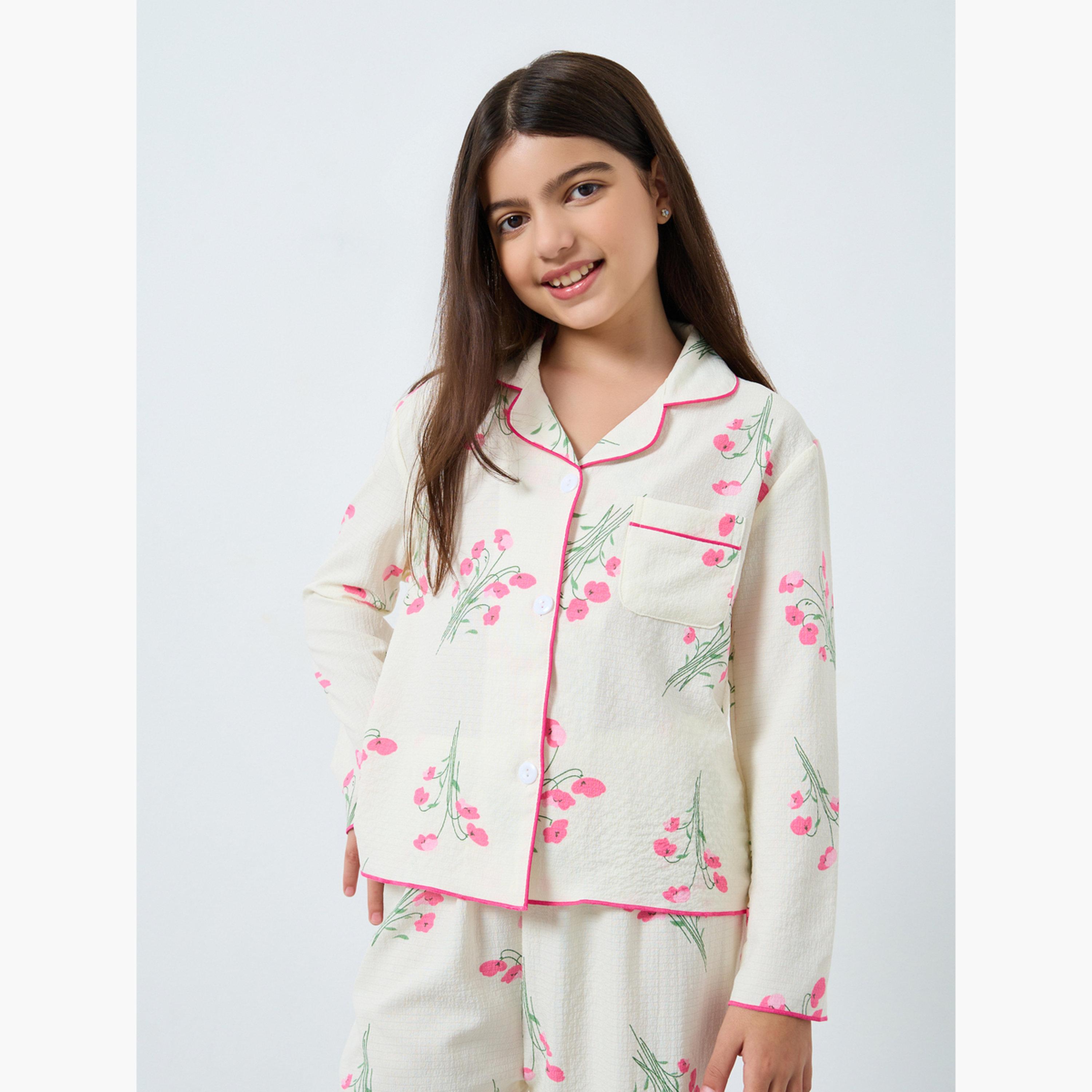تيك تو - بيجاما قميص بطبعة زهور كريمية للبنات والمراهقات-girls-clothing-nightwear-image-2