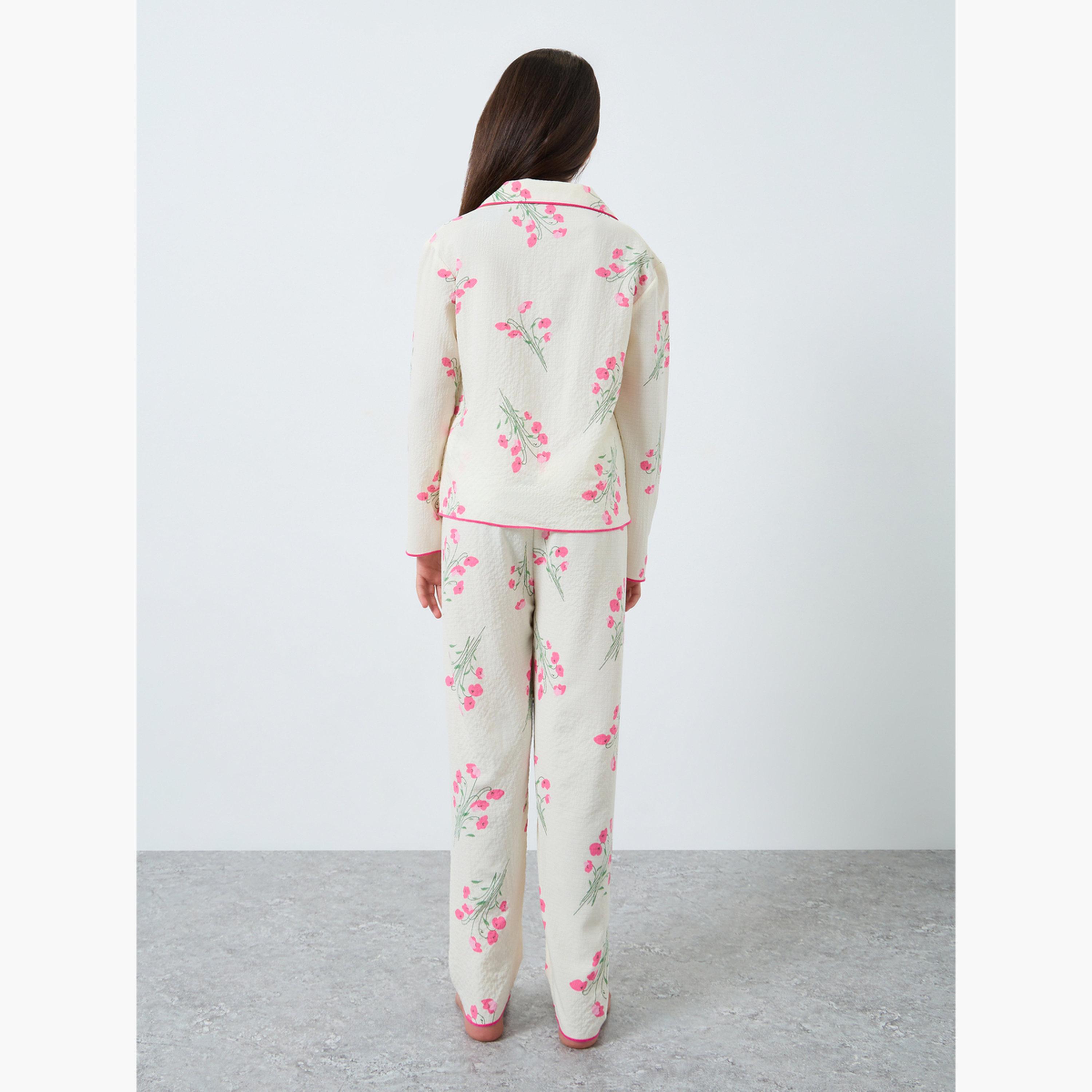 تيك تو - بيجاما قميص بطبعة زهور كريمية للبنات والمراهقات-girls-clothing-nightwear-image-3