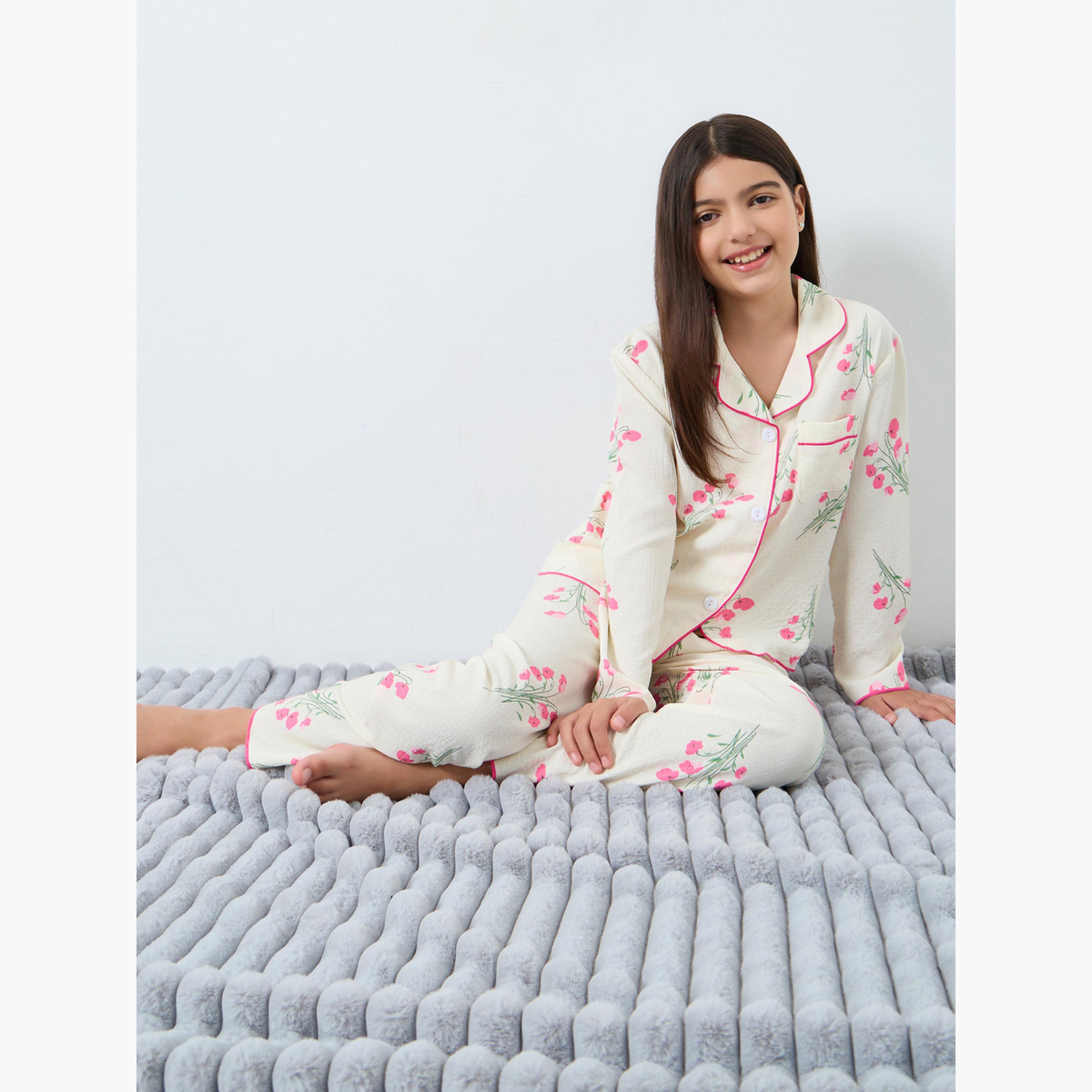 تيك تو - بيجاما قميص بطبعة زهور كريمية للبنات والمراهقات-girls-clothing-nightwear-image-5
