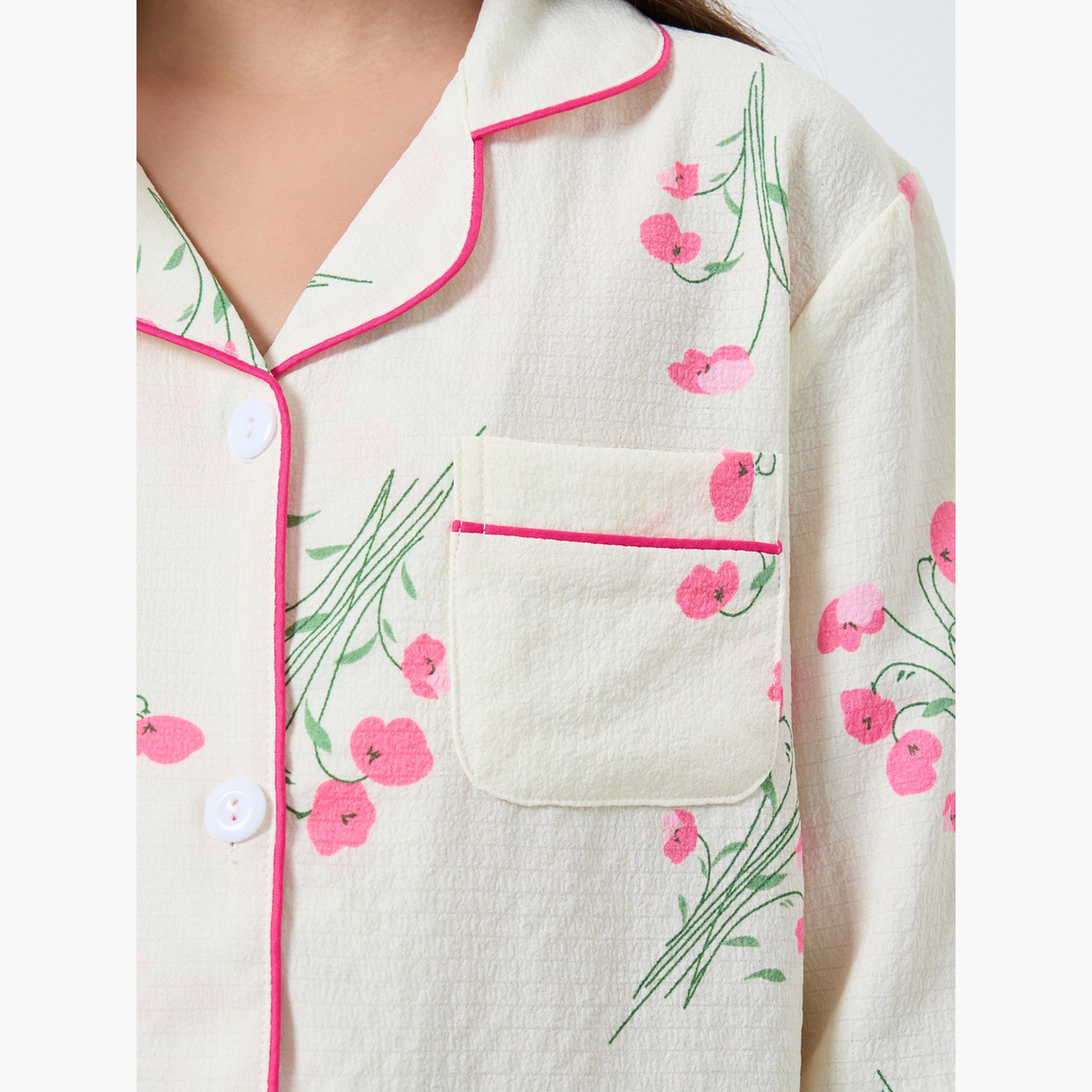 تيك تو - بيجاما قميص بطبعة زهور كريمية للبنات والمراهقات-girls-clothing-nightwear-image-6