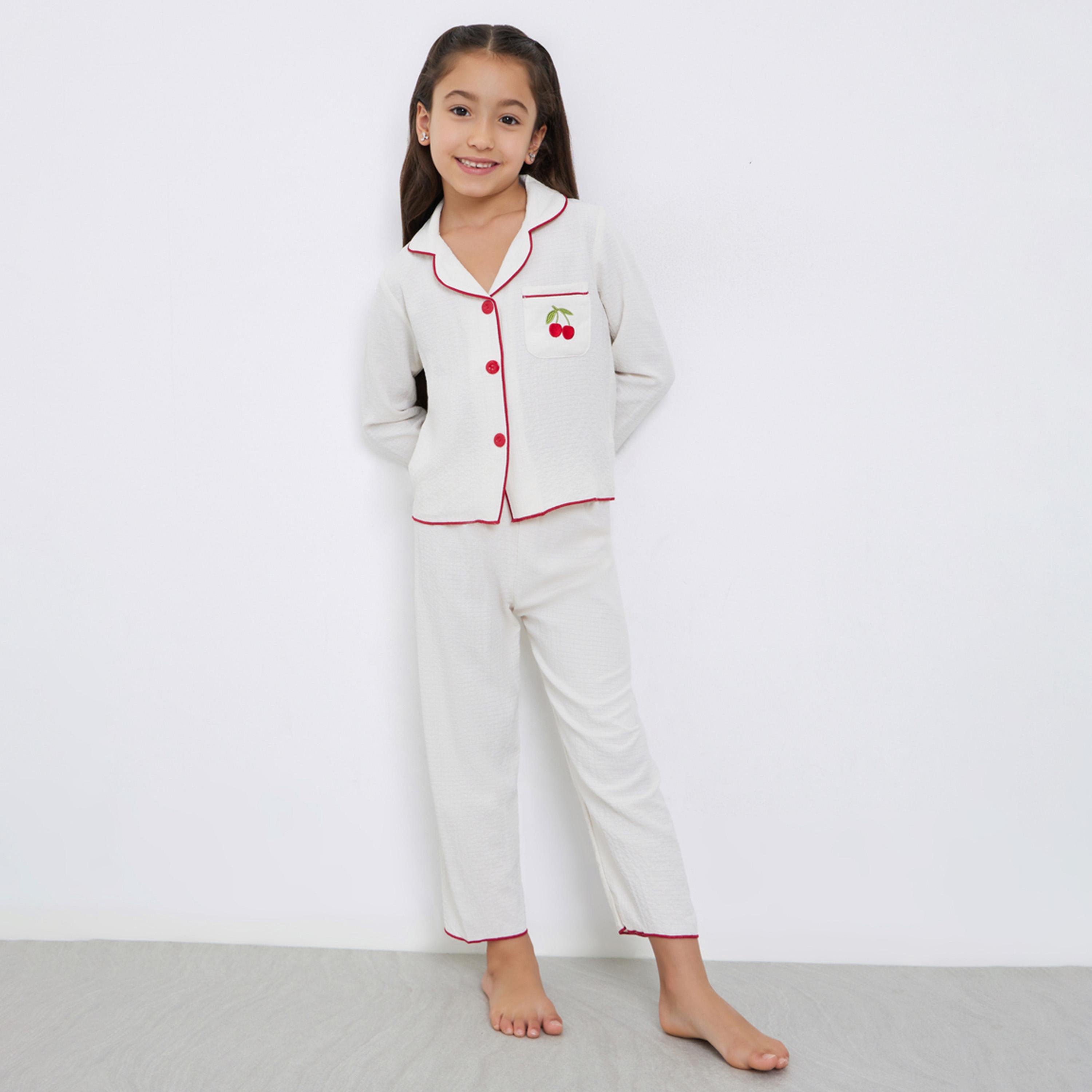Take Two Girls White Pocket Detail Shirt and Pyjama Set-girls-clothing-nightwear-image-1