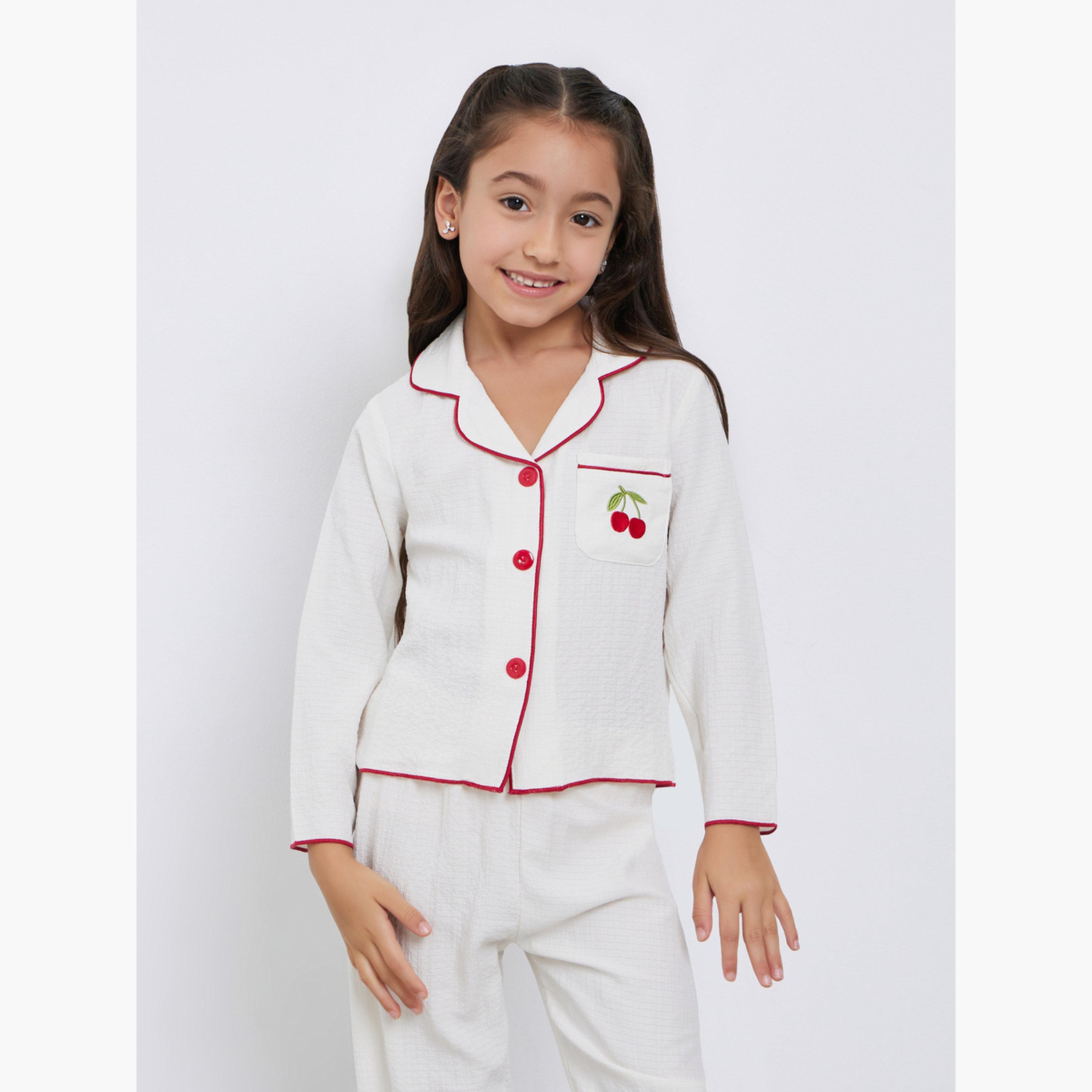 تيك تو - بيجاما قميص أبيض بتفاصيل جيوب للبنات-girls-clothing-nightwear-image-2