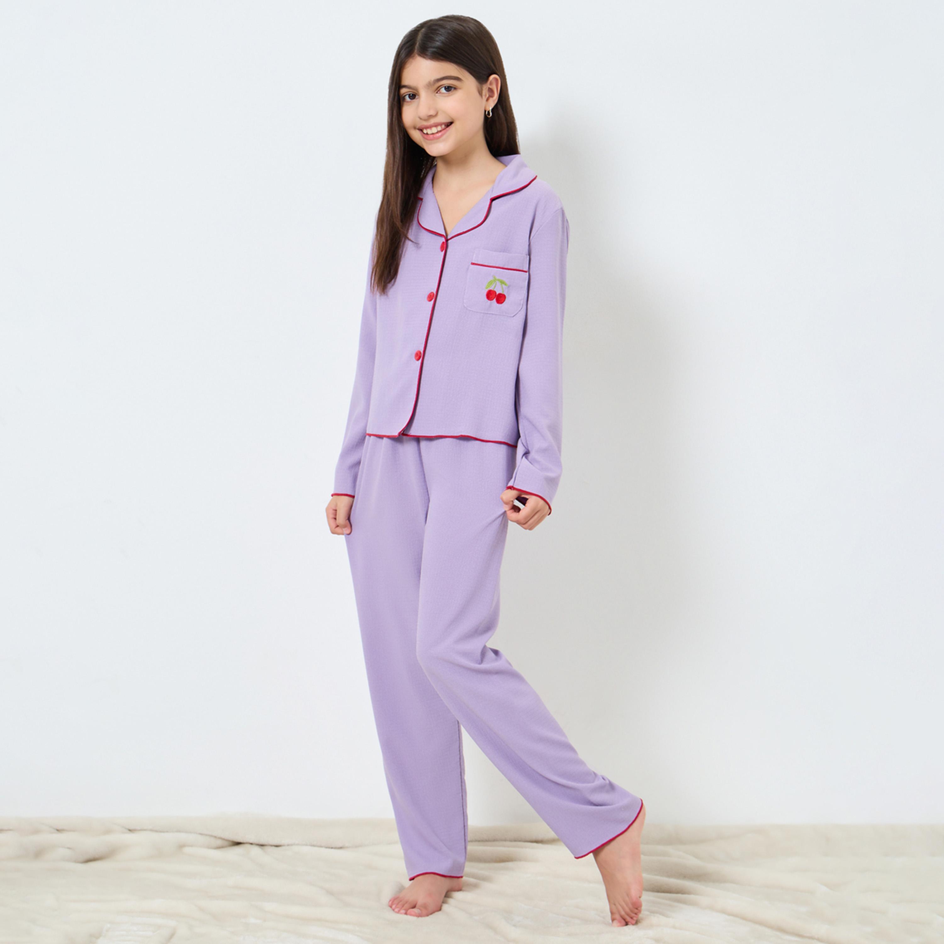 تيك تو - بيجاما قميص مطرز لون كرزي للبنات-girls-clothing-nightwear-image-1
