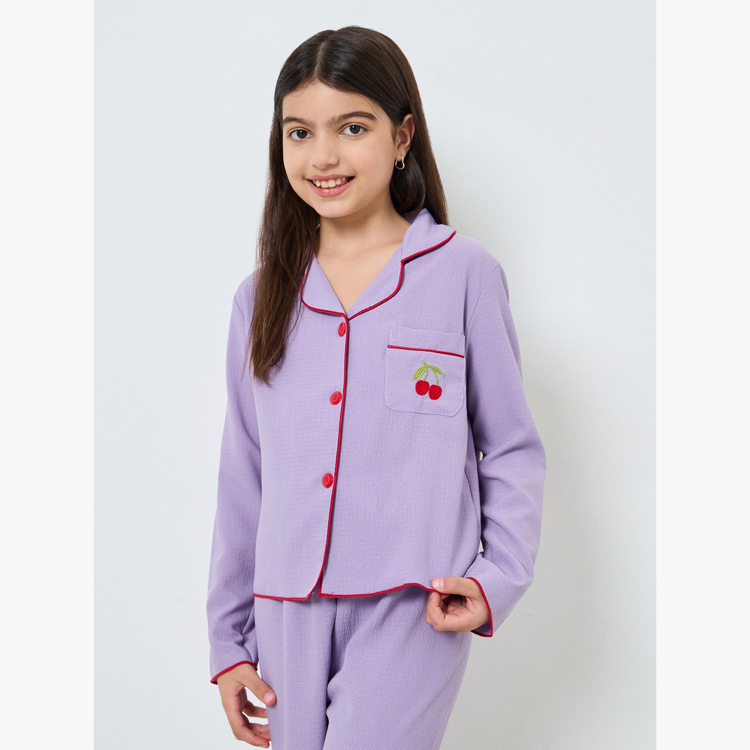 Take Two Girls Purple Cherry Embroidered Shirt and Pyjama Set-girls-clothing-nightwear-image-2