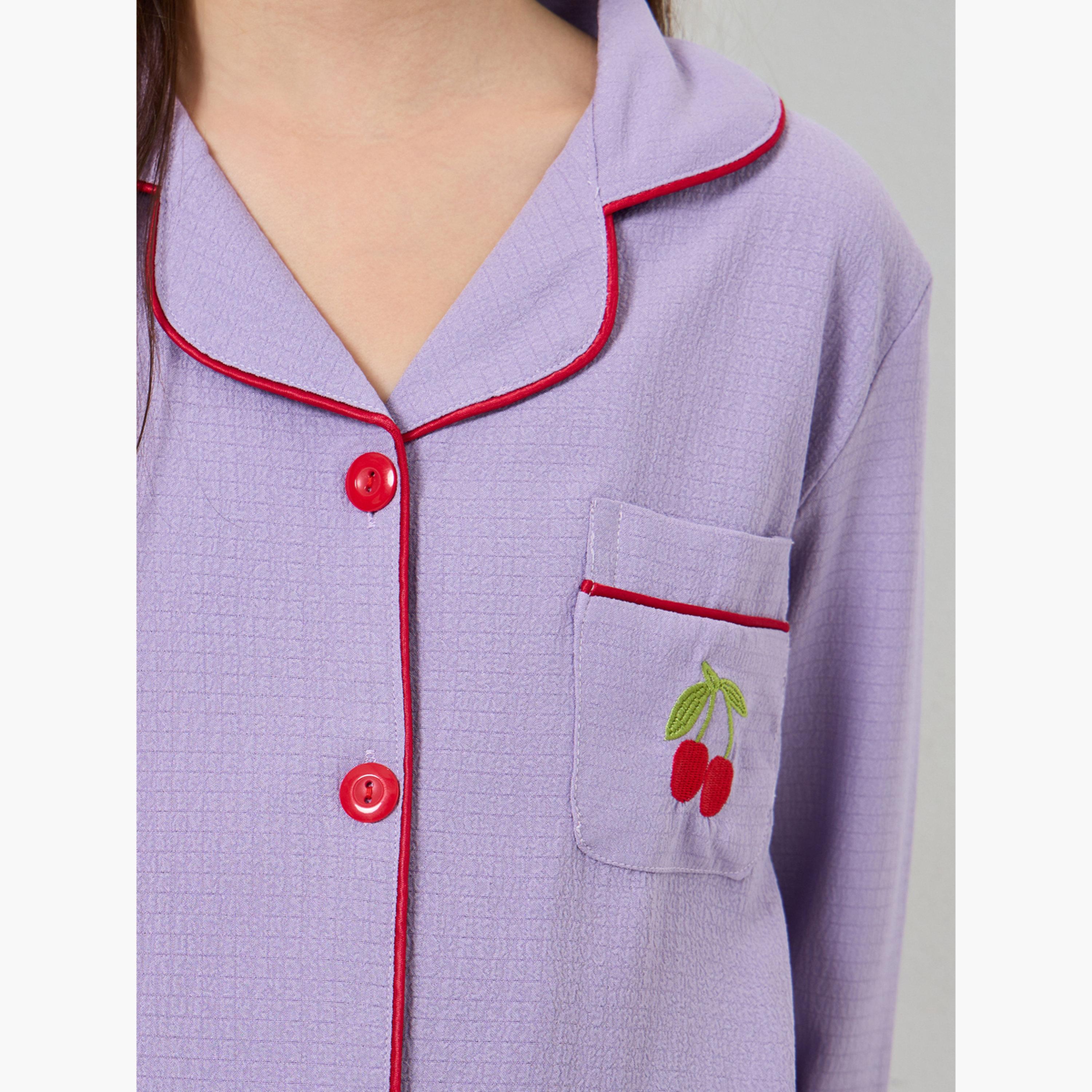 Take Two Girls Purple Cherry Embroidered Shirt and Pyjama Set-girls-clothing-nightwear-image-5
