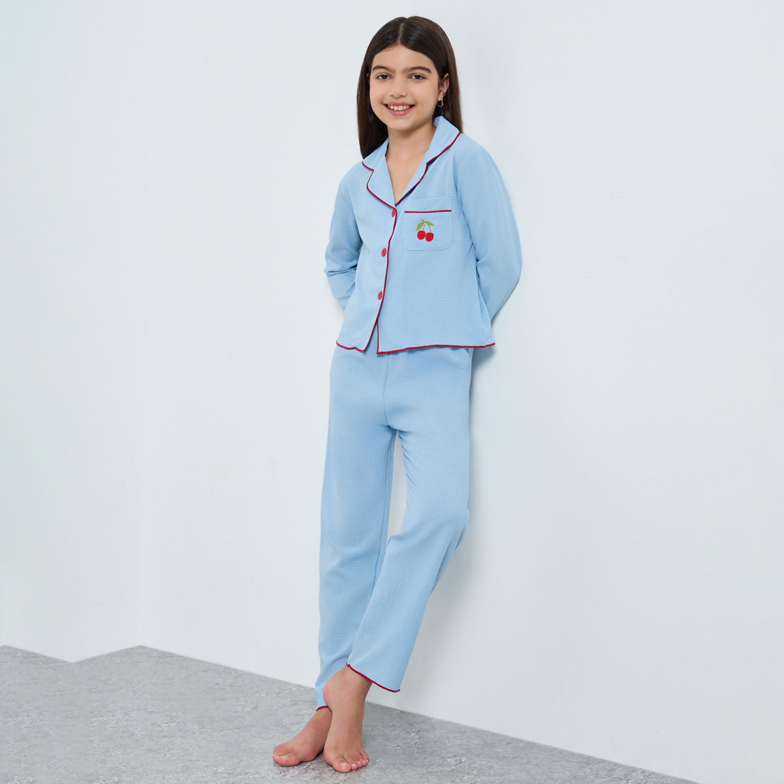 Take Two Girls Blue Cherry Embroidered Shirt and Pyjama Set-girls-clothing-nightwear-image-1