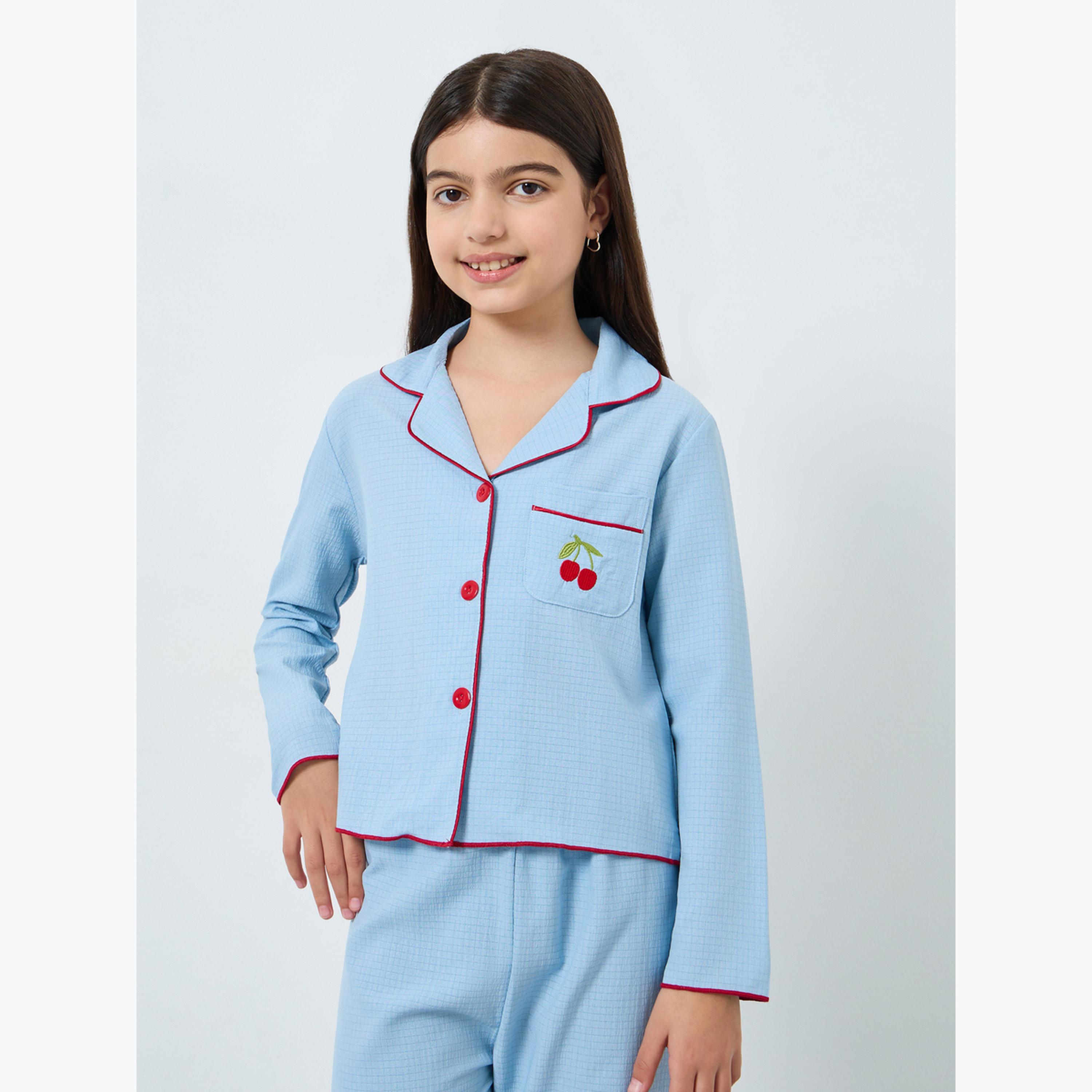 Take Two Girls Blue Cherry Embroidered Shirt and Pyjama Set-girls-clothing-nightwear-image-2