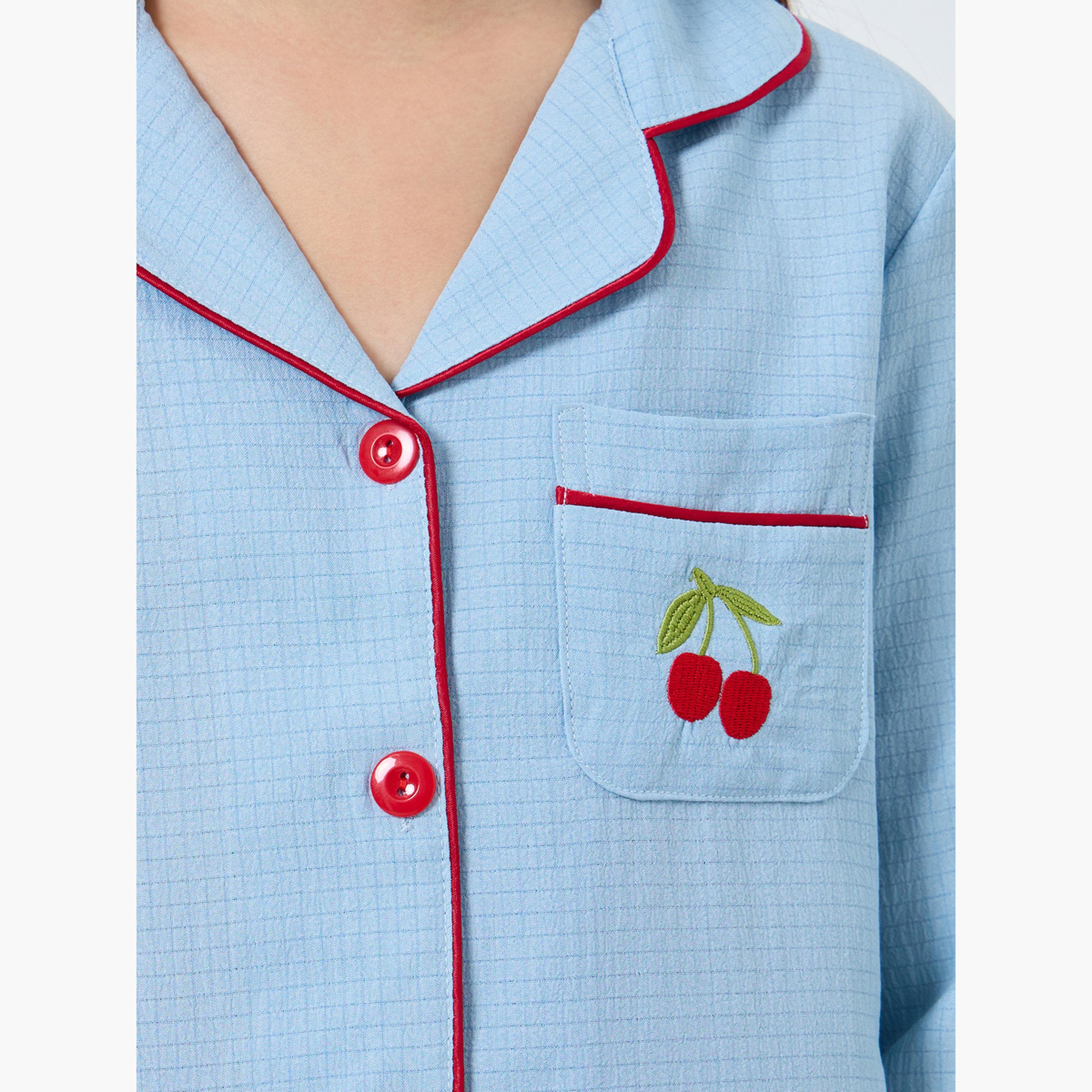 تيك تو - بيجاما قميص مطرز بنقشة الكرز الأزرق للبنات-girls-clothing-nightwear-image-1