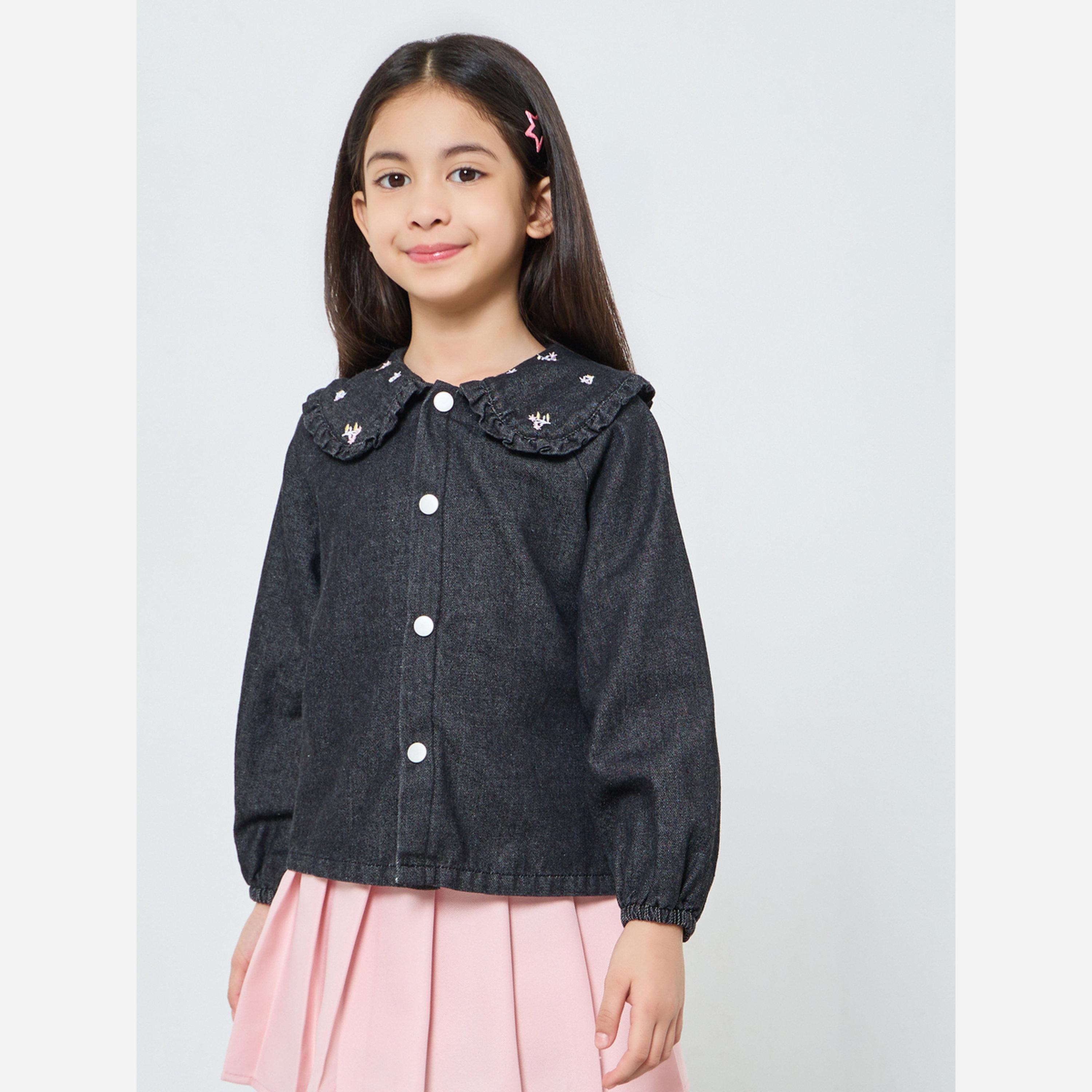 ستايلي - قميص جينز لون أسود للبنات ياقة مطرزة-girls-clothing-blousesandshirts-image-1