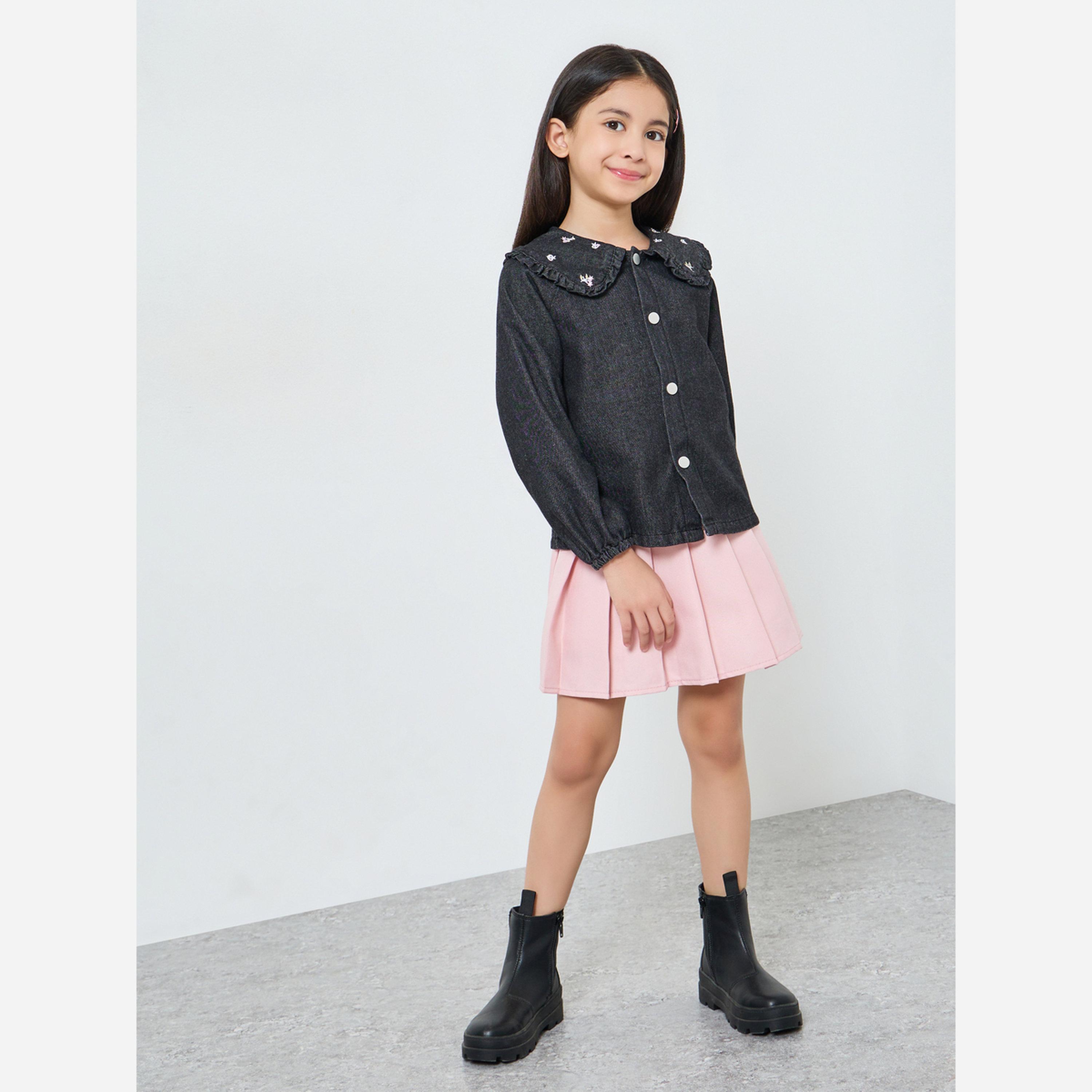 ستايلي - قميص جينز لون أسود للبنات ياقة مطرزة-girls-clothing-blousesandshirts-image-2