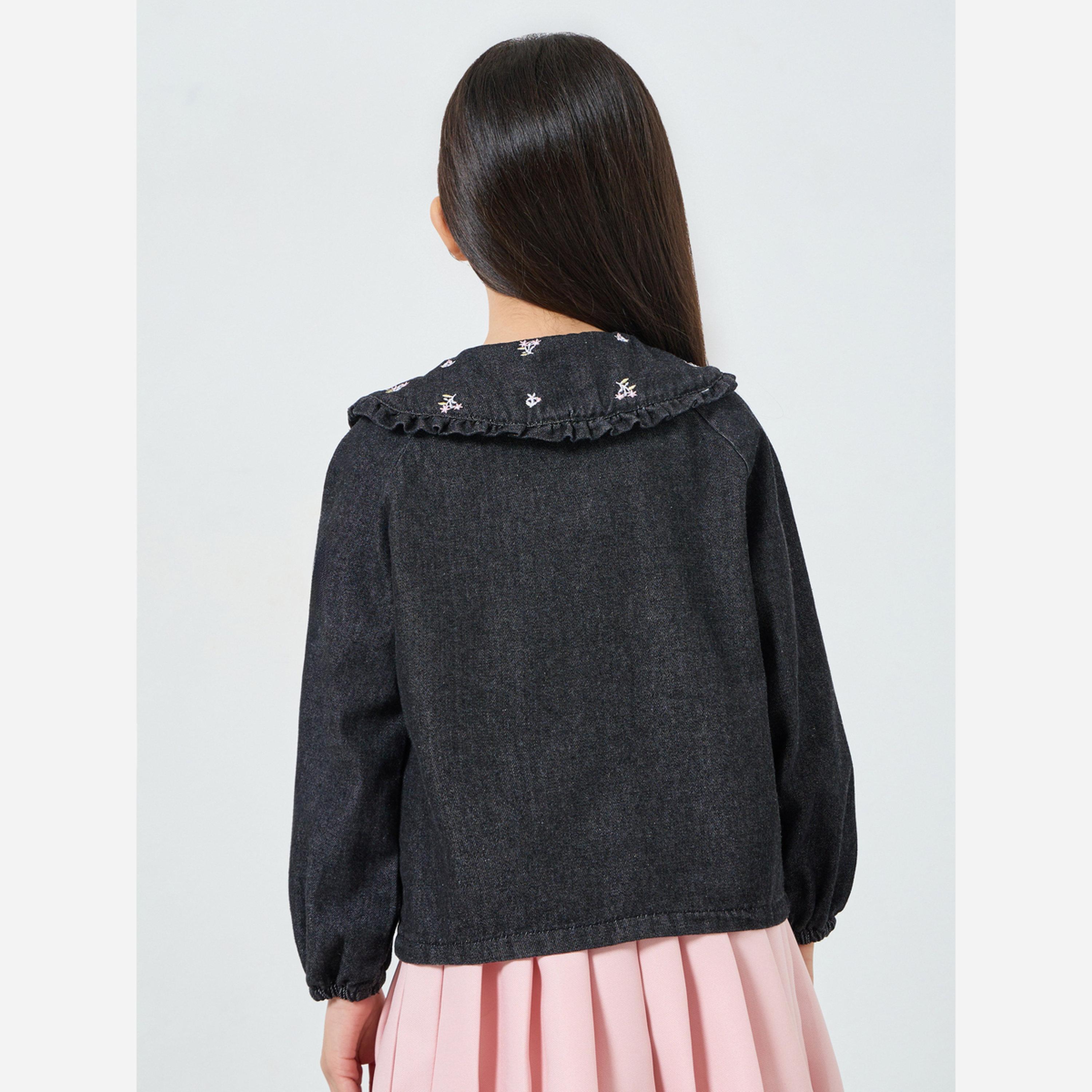 ستايلي - قميص جينز لون أسود للبنات ياقة مطرزة-girls-clothing-blousesandshirts-image-4