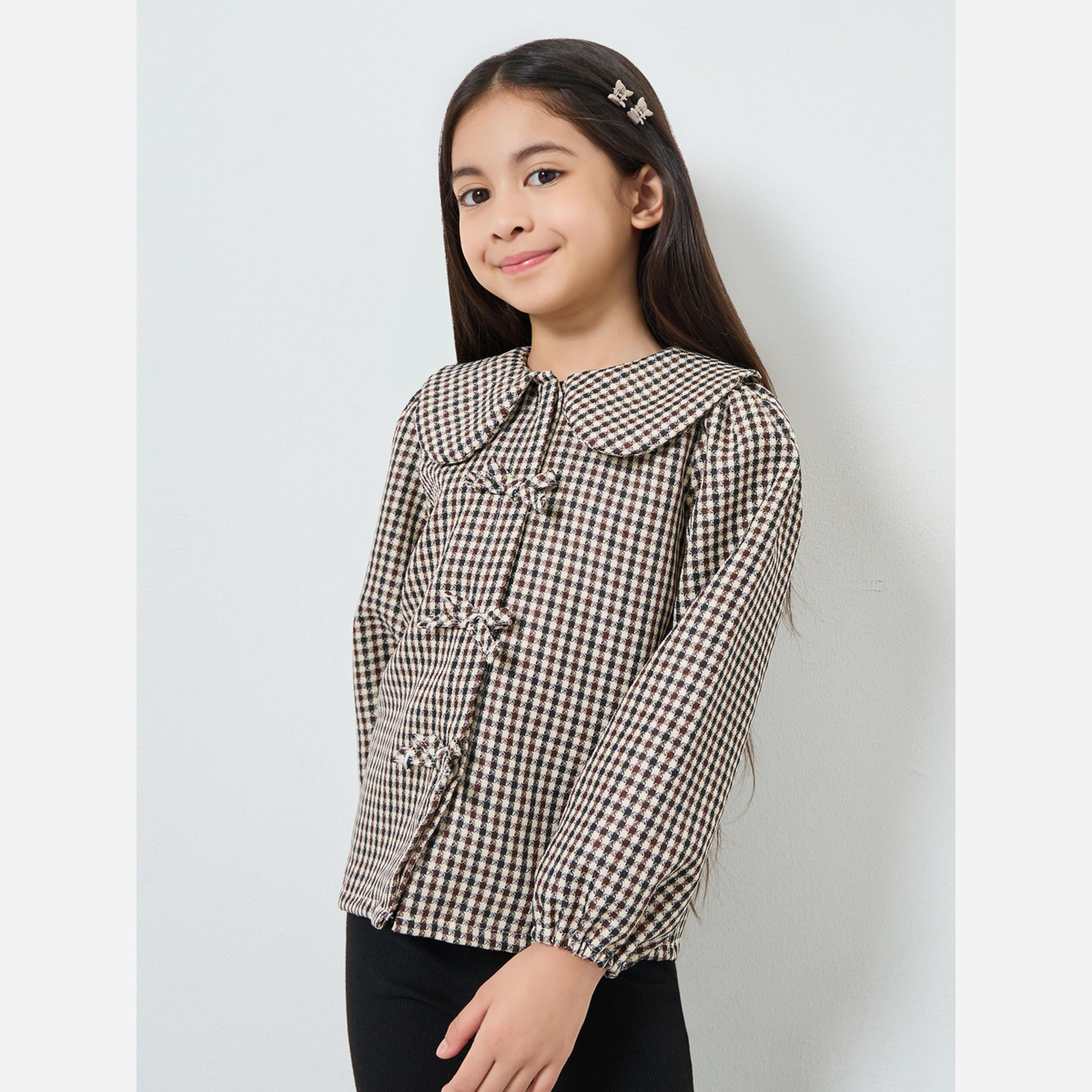 ستايلي - بلوزة لون بني طبعة مربعات للبنات ياقة بيتر بان-girls-clothing-blousesandshirts-image-1