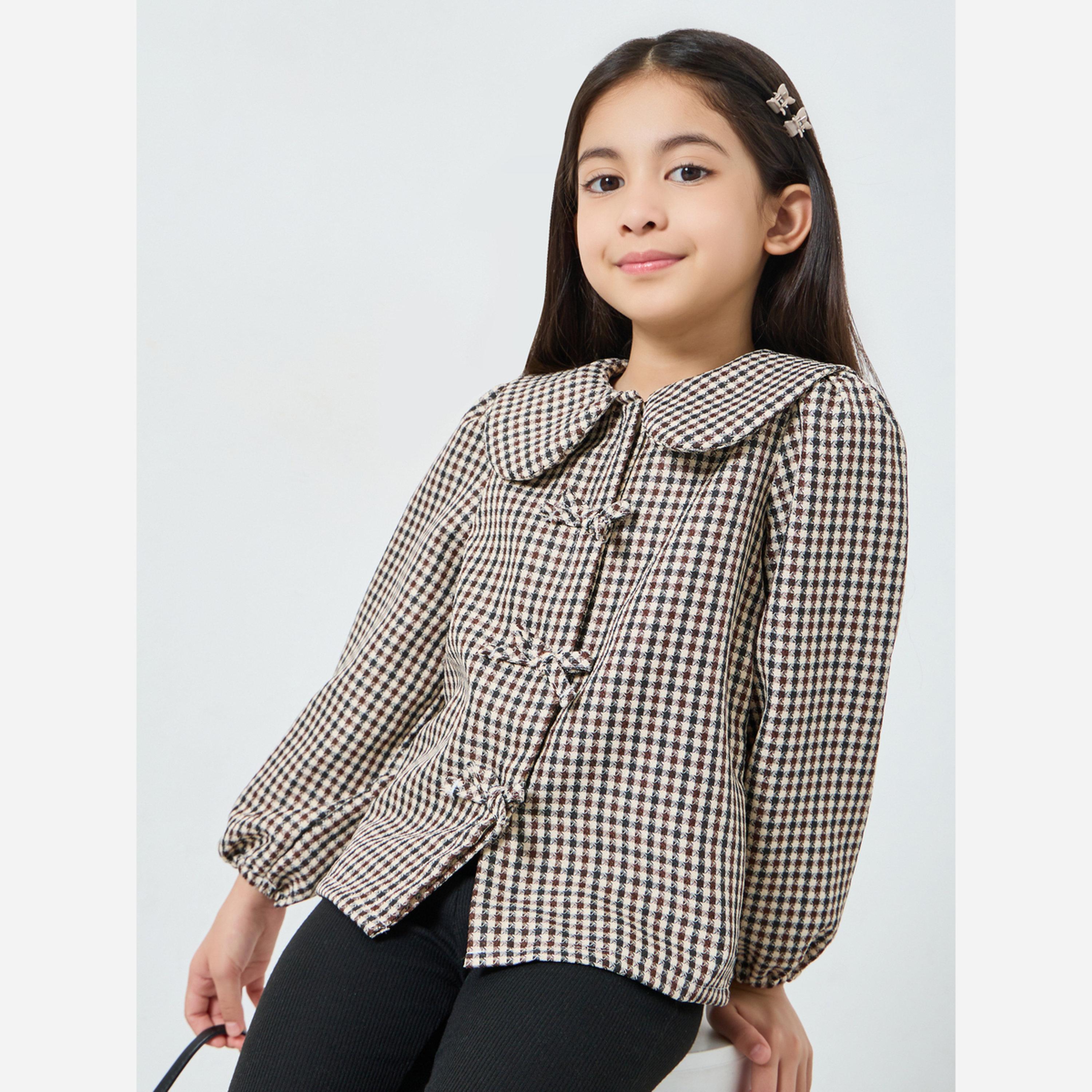 Styli Girls Brown Checkered Blouse with Peter Pan Collar-girls-clothing-blousesandshirts-image-3