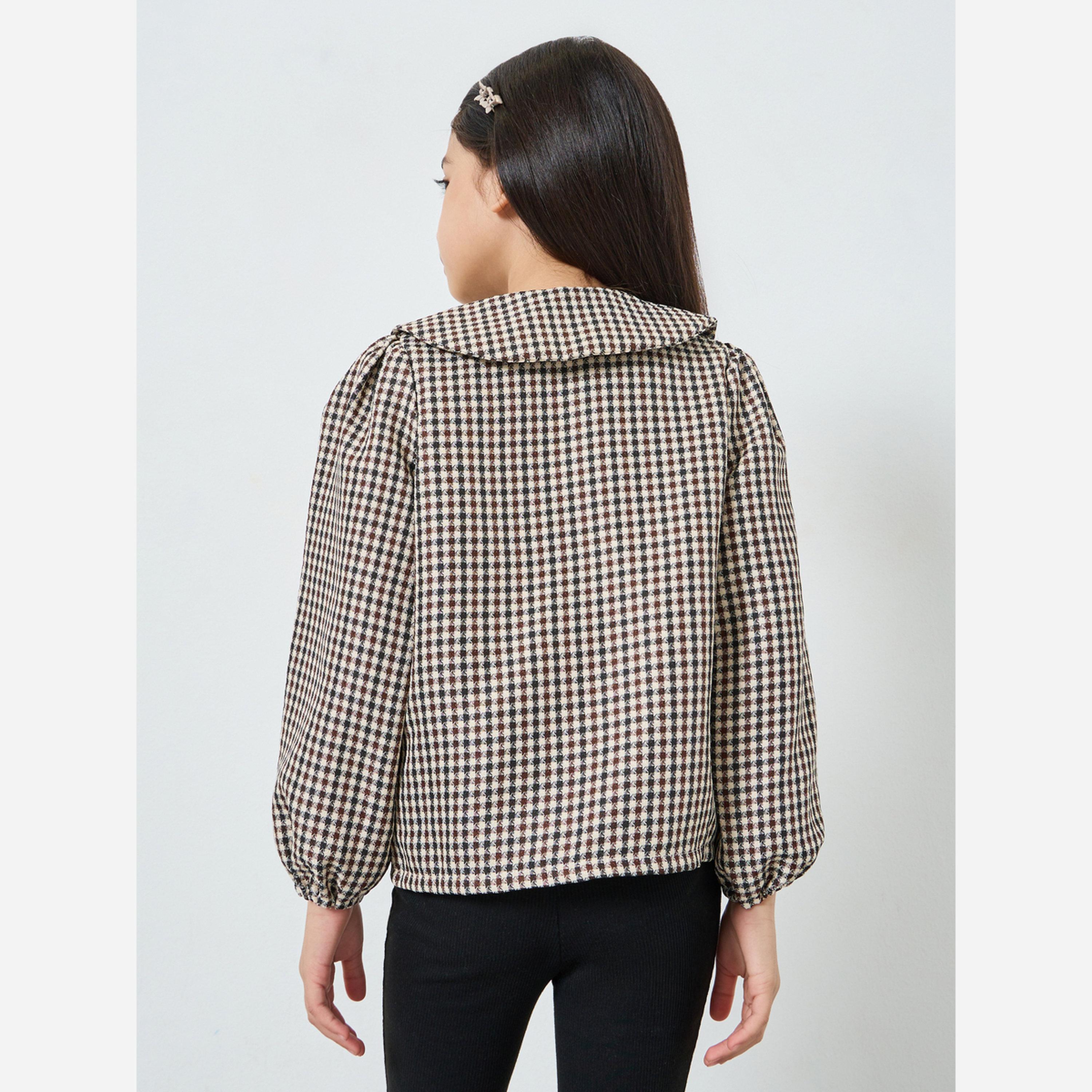 Styli Girls Brown Checkered Blouse with Peter Pan Collar-girls-clothing-blousesandshirts-image-5