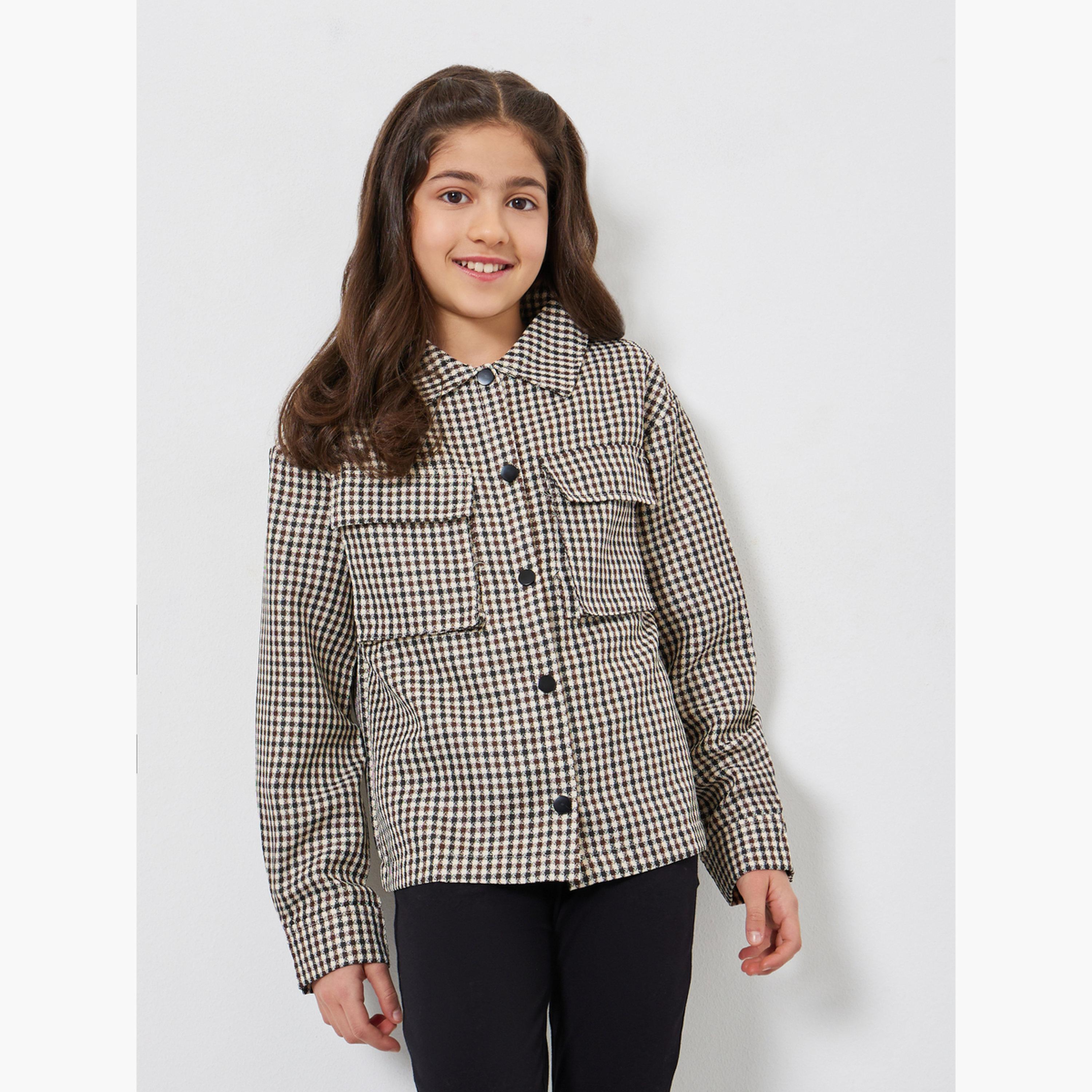 ستايلي - قميص بناتي منقوش باللون البني مع جيوب-girls-clothing-blousesandshirts-image-1