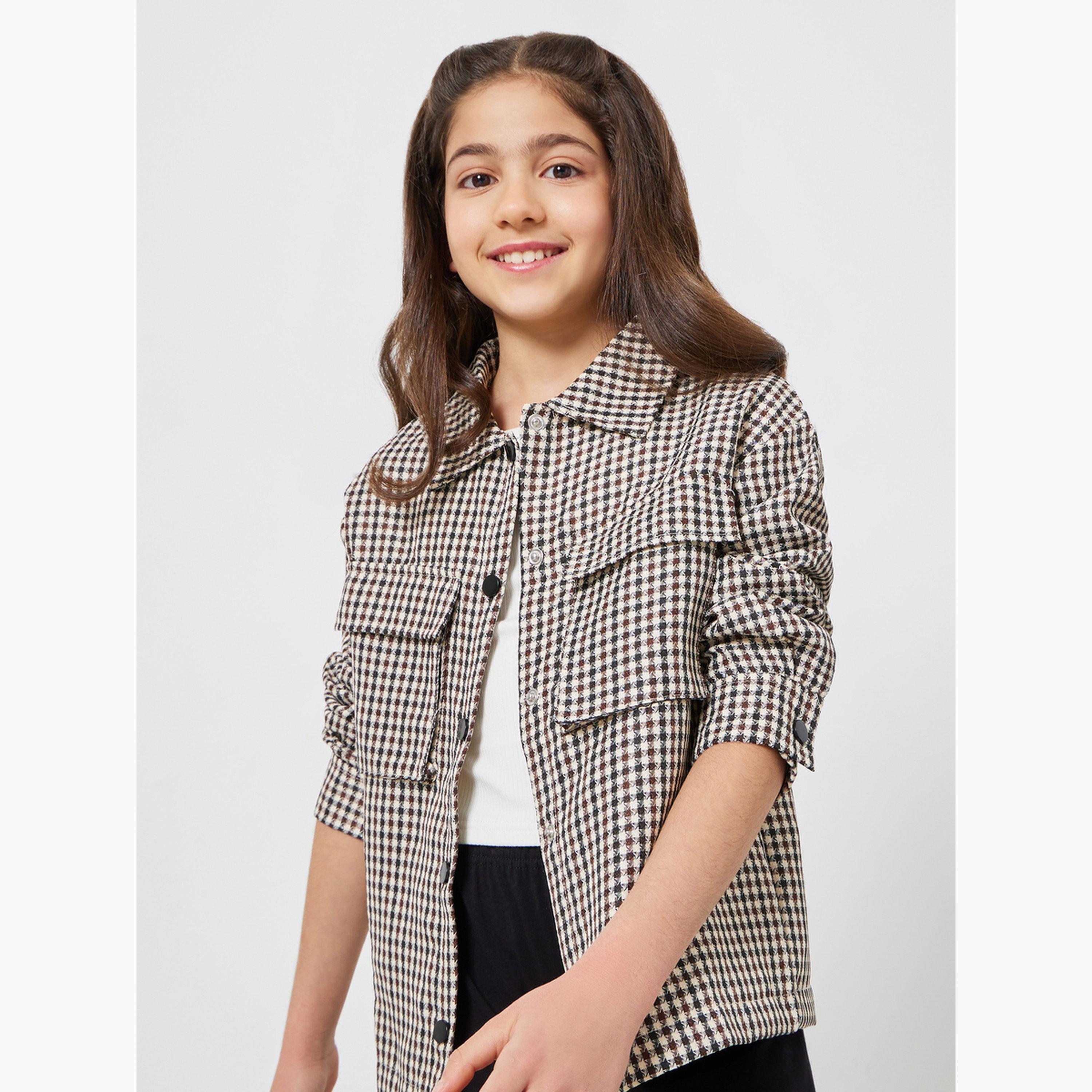 ستايلي - قميص بناتي منقوش باللون البني مع جيوب-girls-clothing-blousesandshirts-image-3