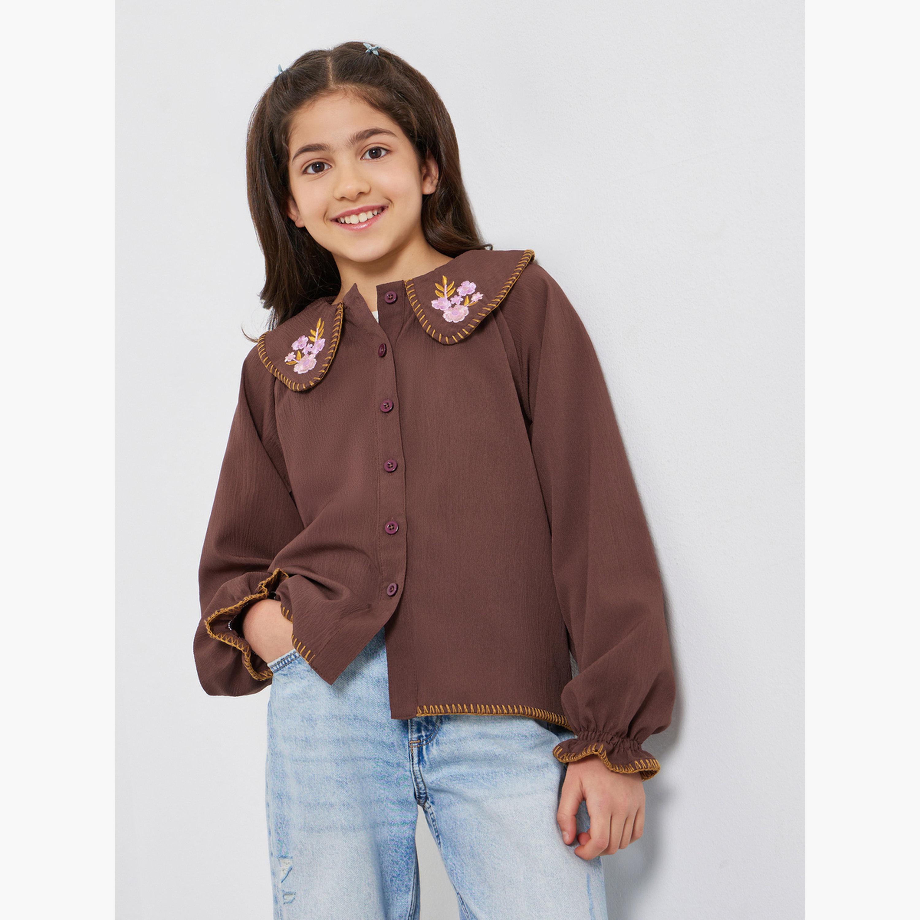 ستايلي - قميص قطني بني بياقة مطرزة للبنات-girls-clothing-blousesandshirts-image-1