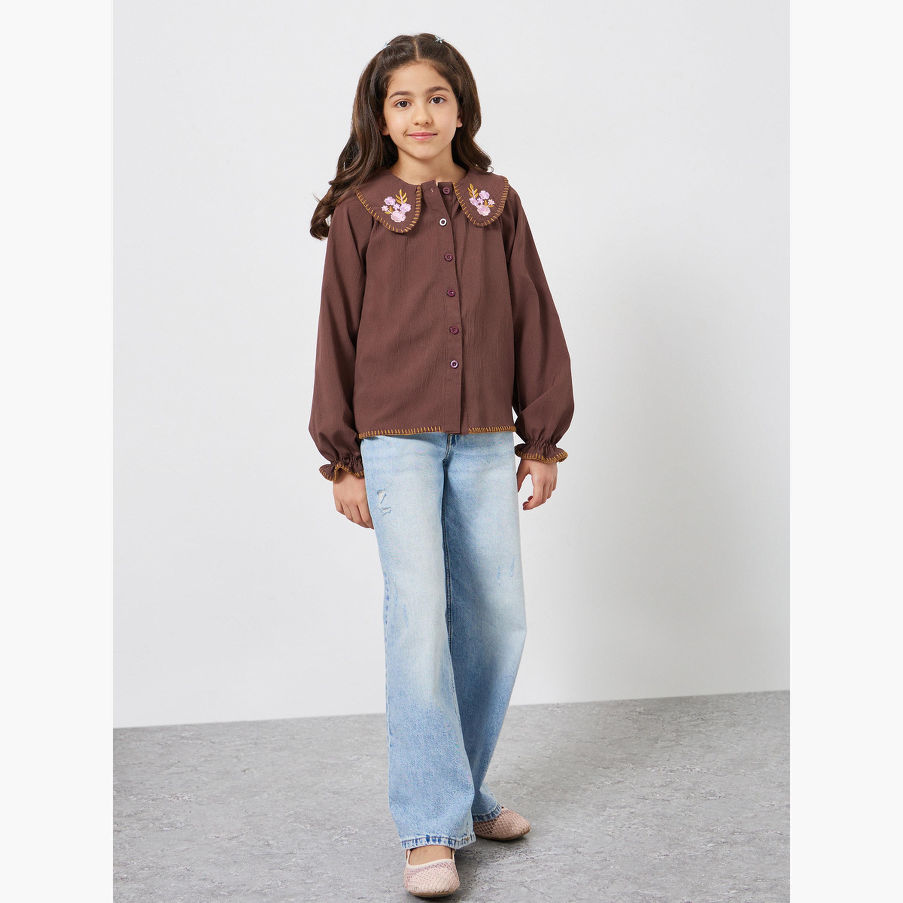 ستايلي - قميص قطني بني بياقة مطرزة للبنات-girls-clothing-blousesandshirts-image-2