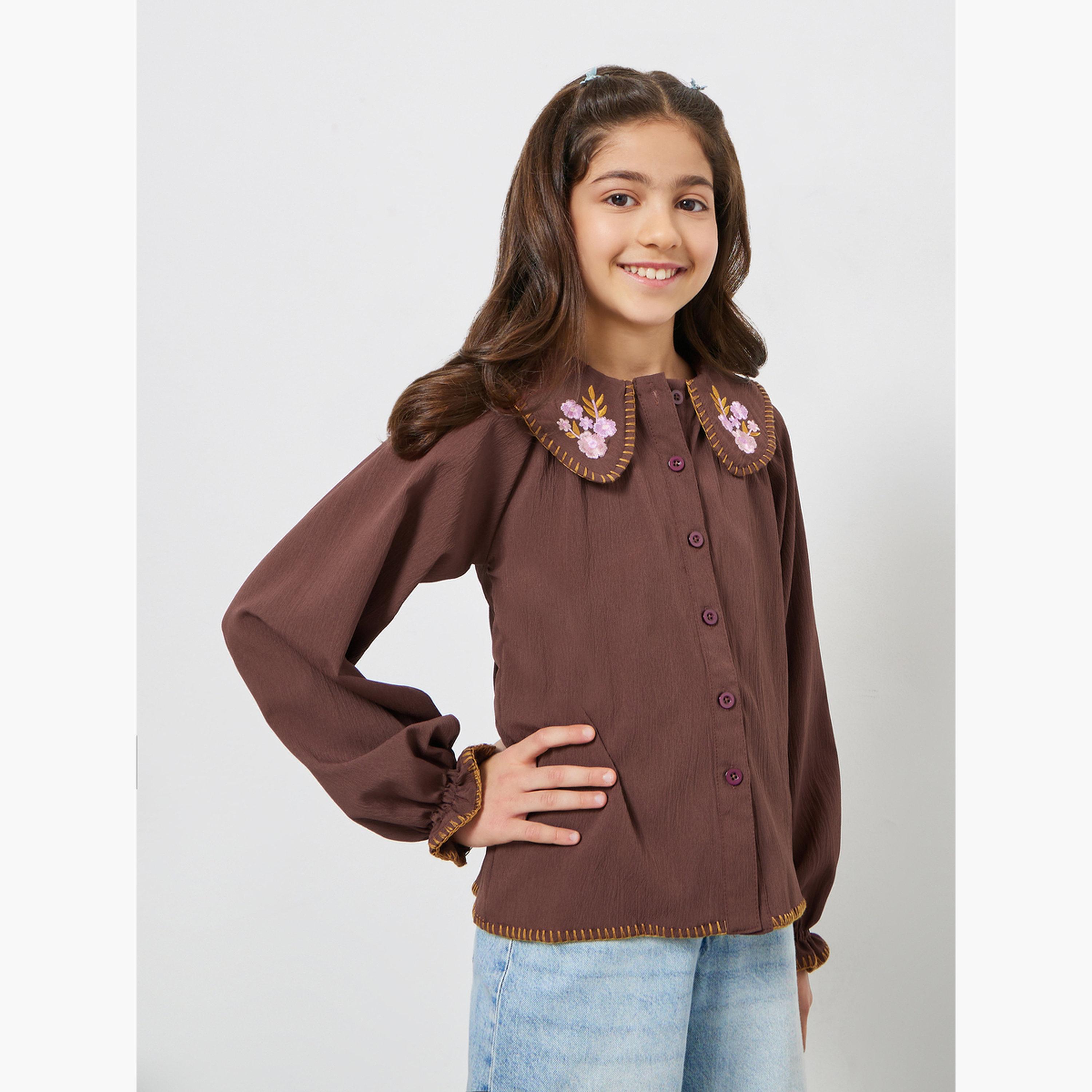ستايلي - قميص قطني بني بياقة مطرزة للبنات-girls-clothing-blousesandshirts-image-3
