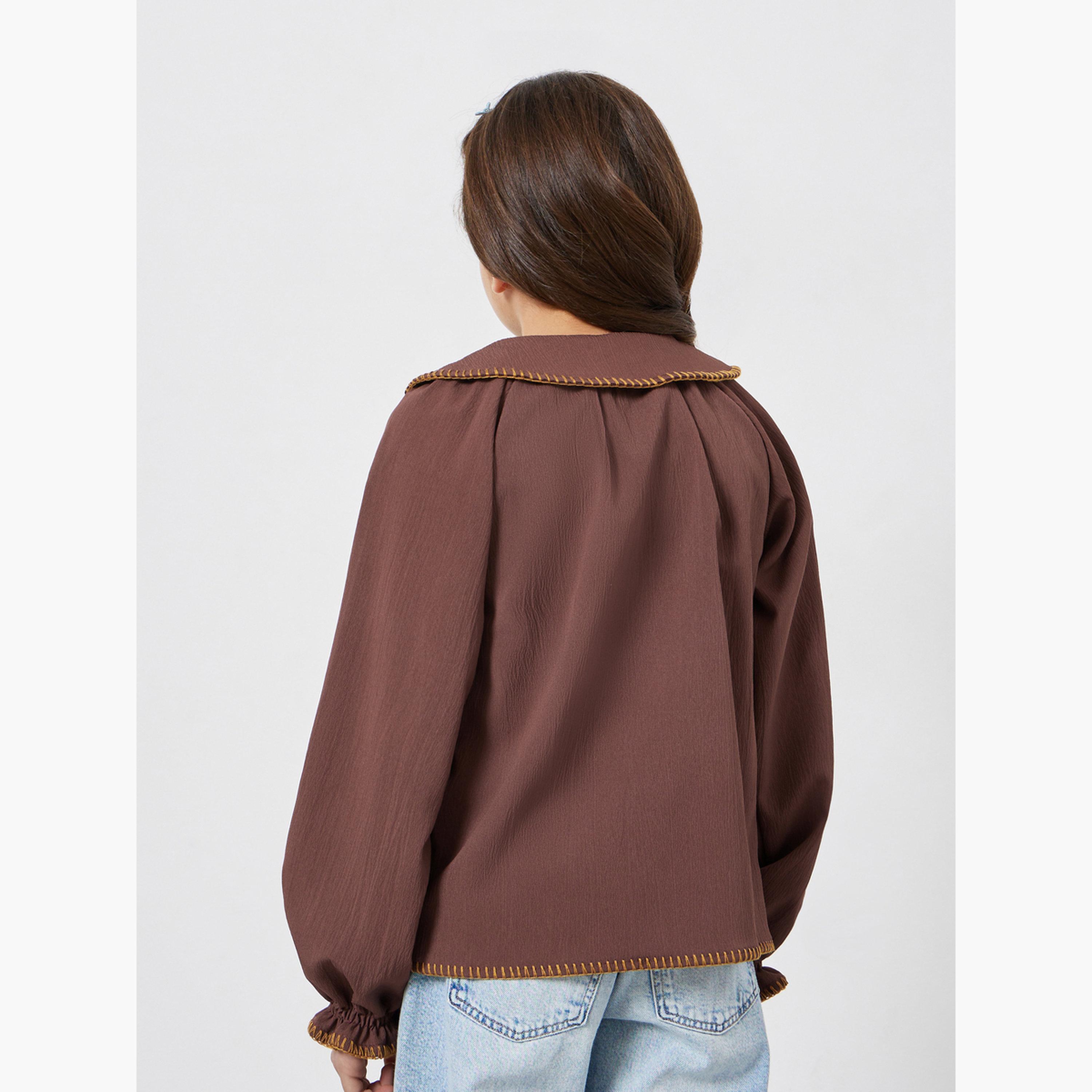 ستايلي - قميص قطني بني بياقة مطرزة للبنات-girls-clothing-blousesandshirts-image-4