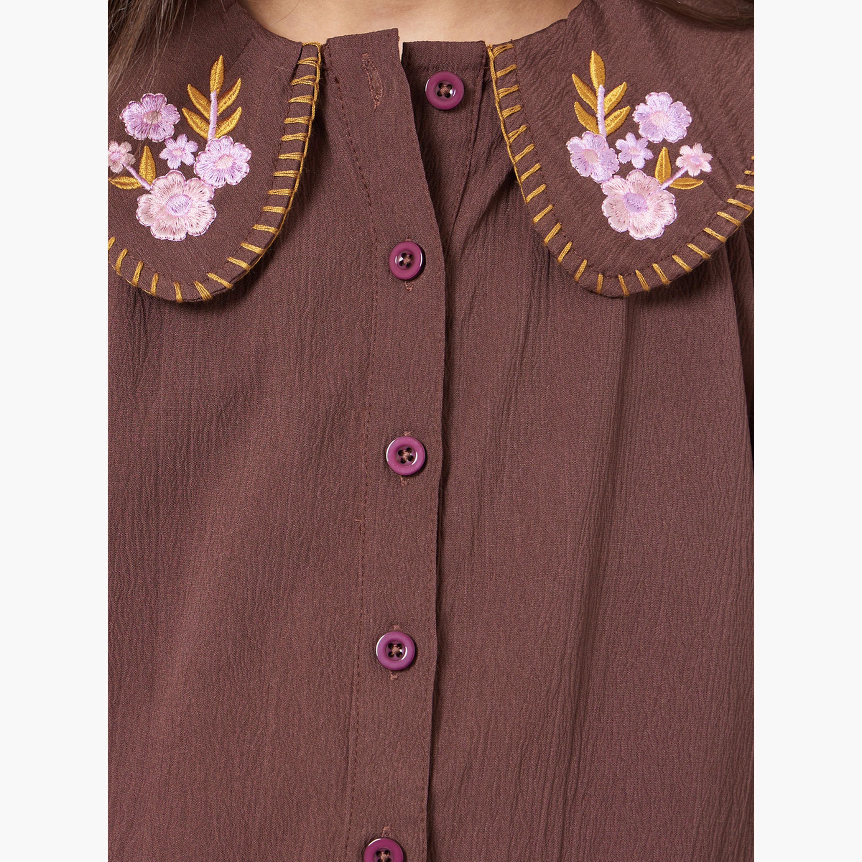 ستايلي - قميص قطني بني بياقة مطرزة للبنات-girls-clothing-blousesandshirts-image-5