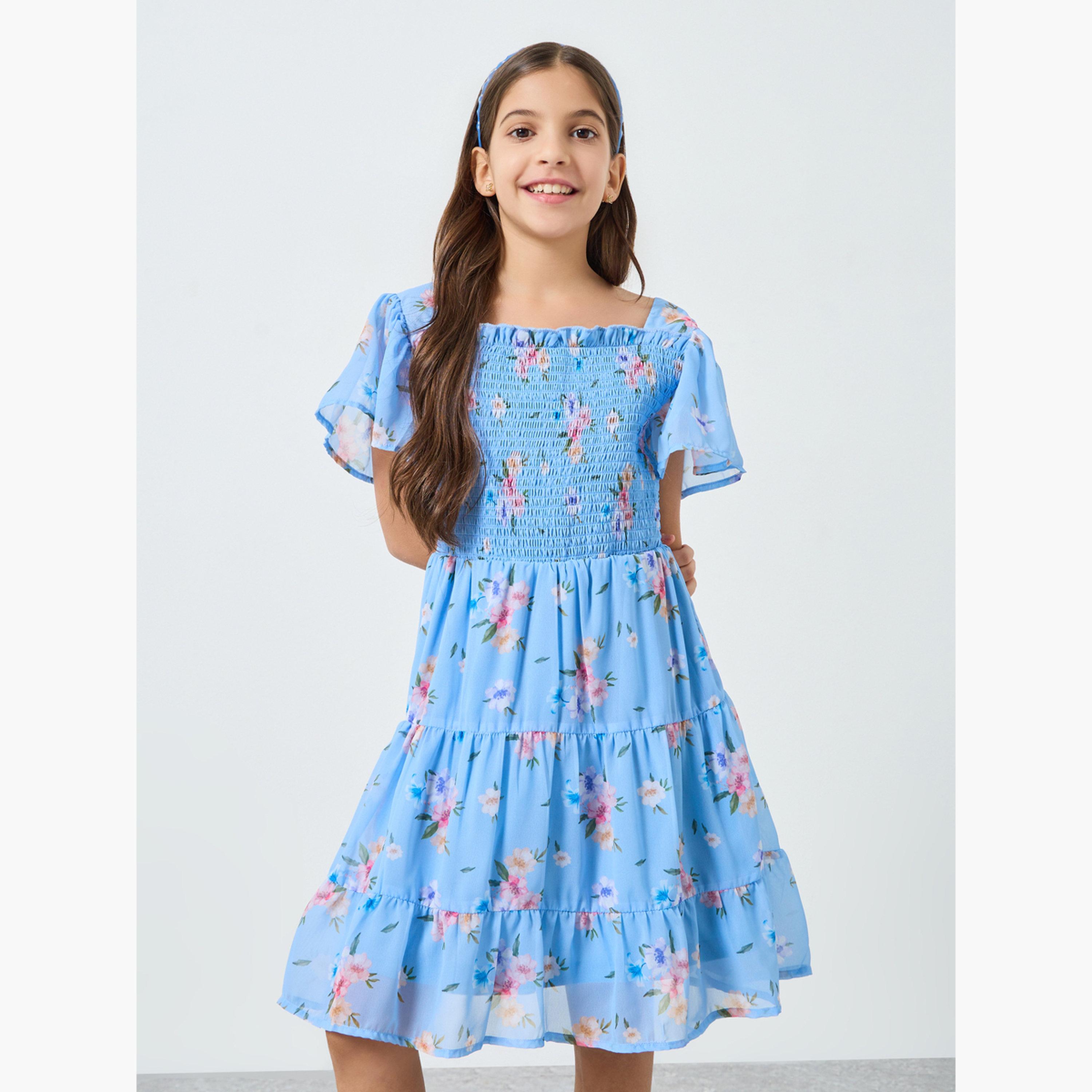 Styli Girls Blue Floral Printed Smocked Midi Dress-girls-clothing-dressesandjumpsuits-image-1