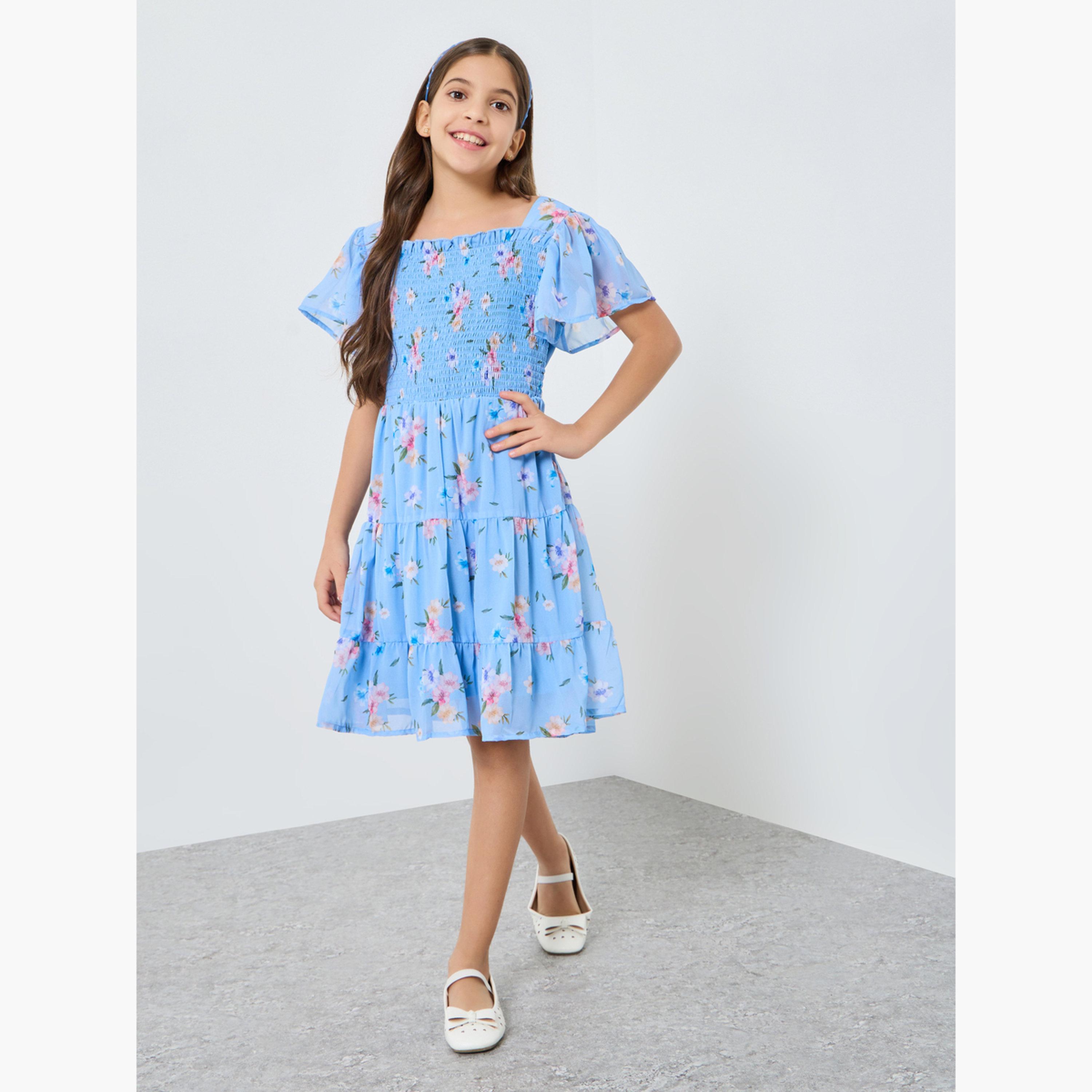 Styli Girls Blue Floral Printed Smocked Midi Dress-girls-clothing-dressesandjumpsuits-image-2