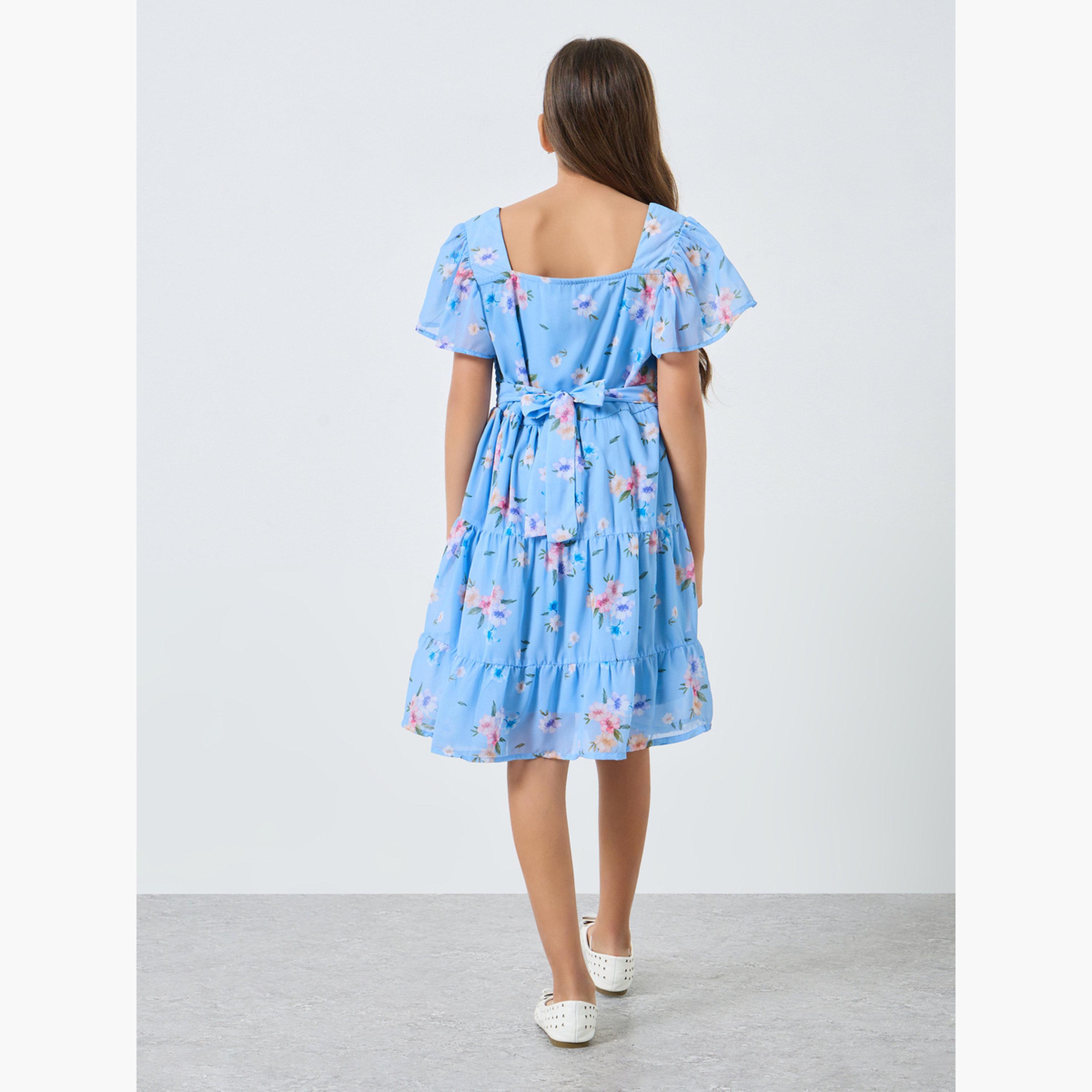 Styli Girls Blue Floral Printed Smocked Midi Dress-girls-clothing-dressesandjumpsuits-image-3