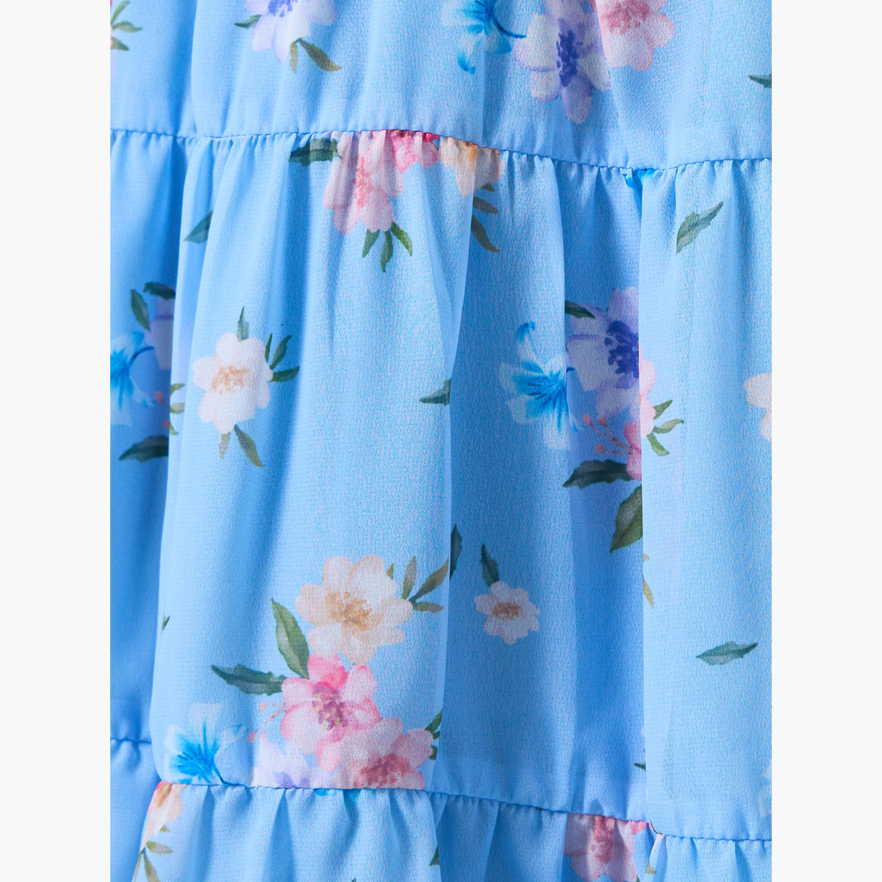 Styli Girls Blue Floral Printed Smocked Midi Dress-girls-clothing-dressesandjumpsuits-image-4