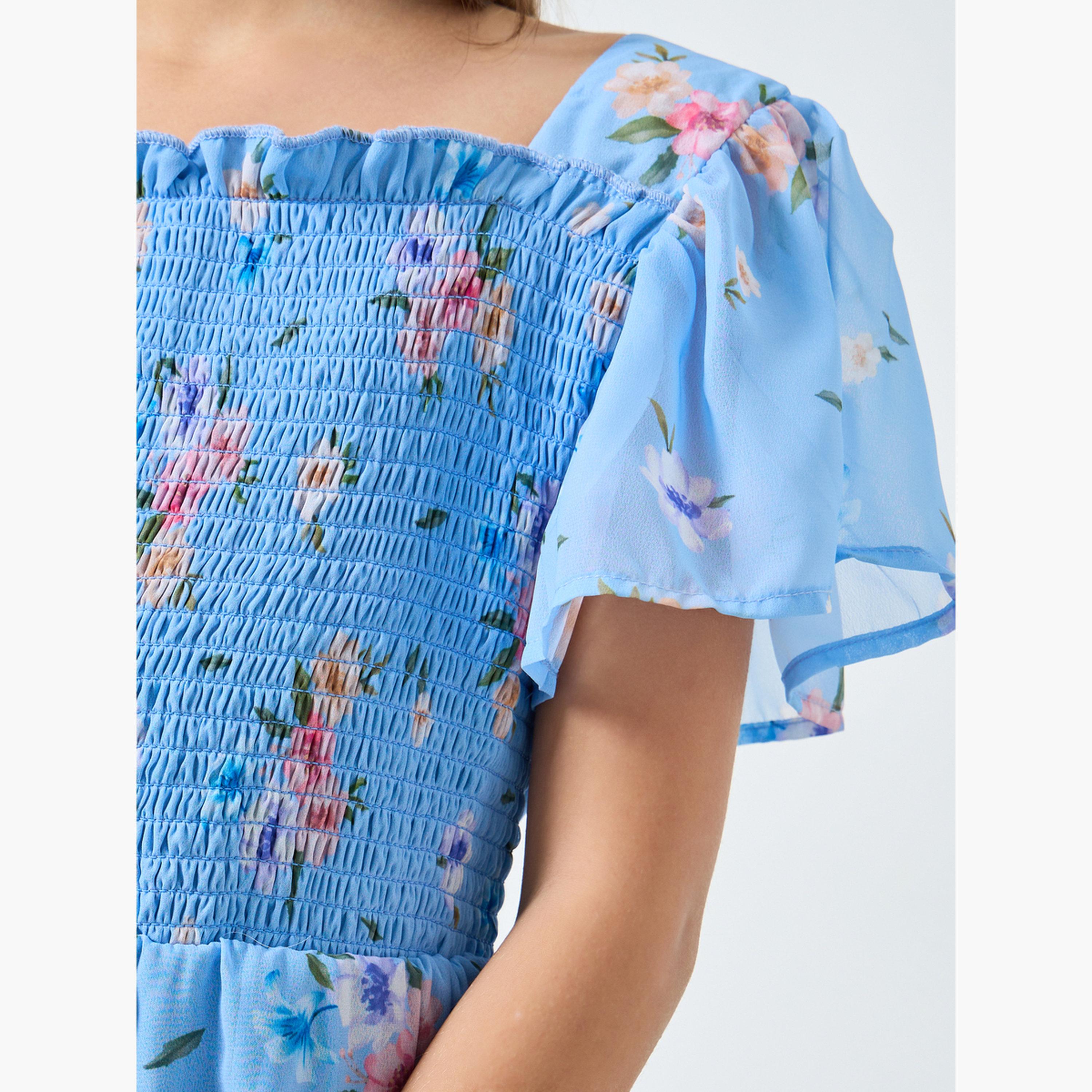 فستان ميدي مطرز بتفاصيل بارزة الملمس وطبعة أزهار للبنات-girls-clothing-dressesandjumpsuits-image-5
