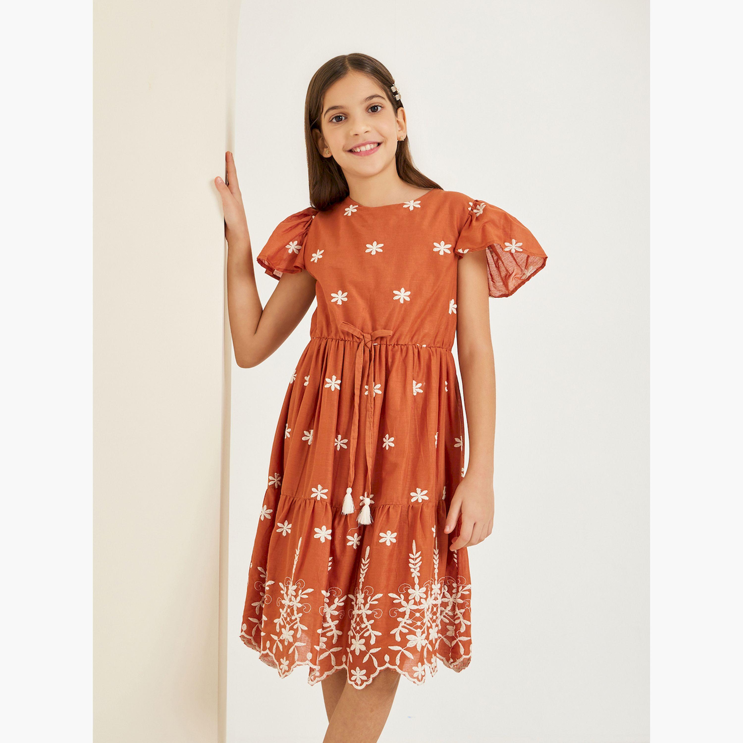 Styli Girls Brown Embroidered A-Line Midi Dress-girls-clothing-dressesandjumpsuits-image-1