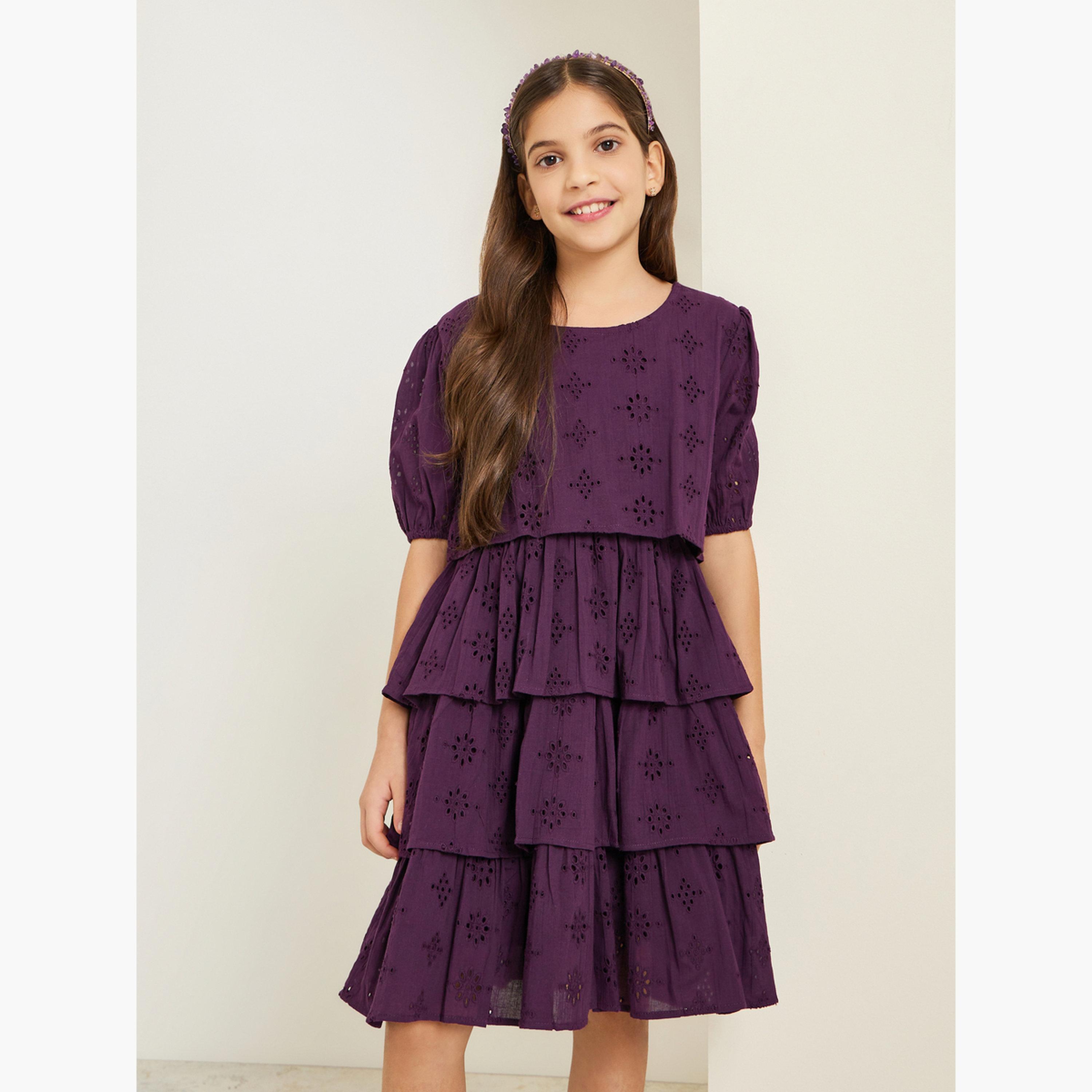 Styli Girls Tiered Eyelet Puff Sleeve Tiered Dress-girls-clothing-dressesandjumpsuits-image-1